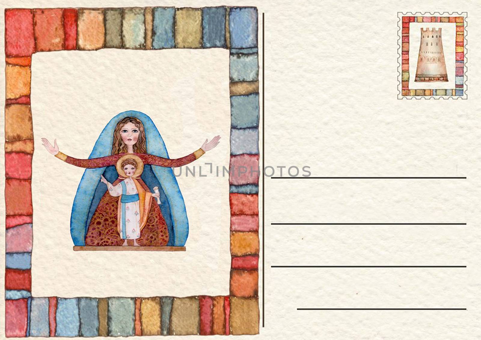 Hand drawn back postcard with Hand drawn back postcard ,Virgin Mary