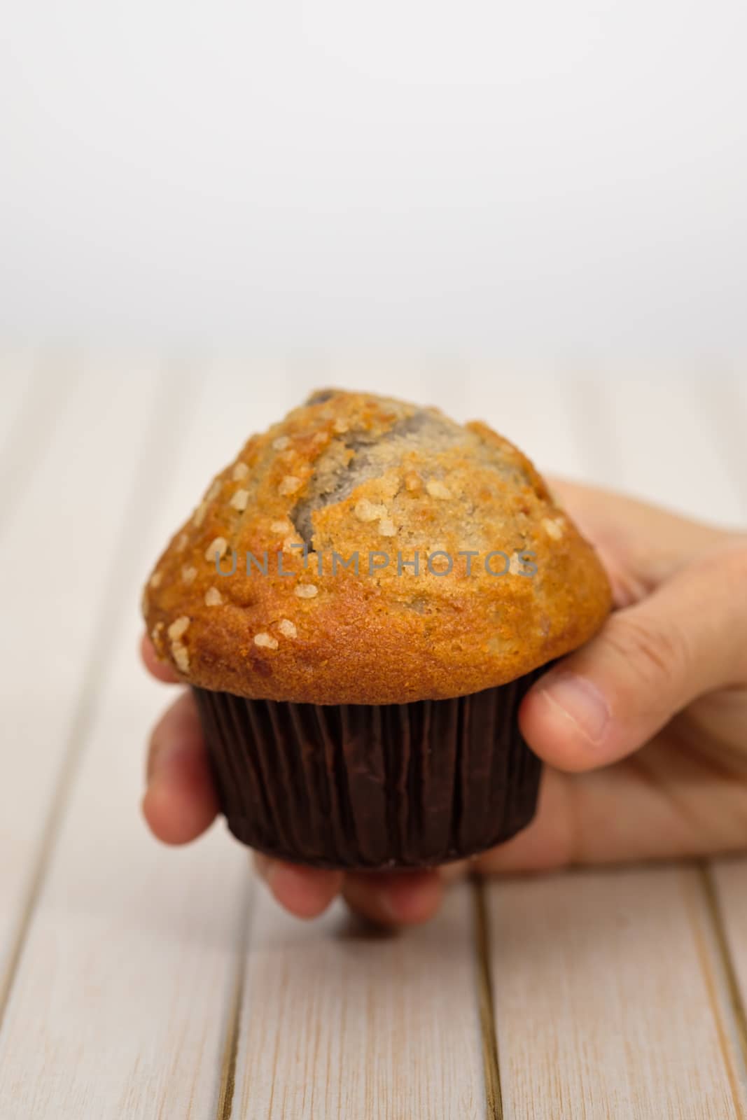 Hands holding a blueberry muffin look delicious. Select focus. Vertical picture.