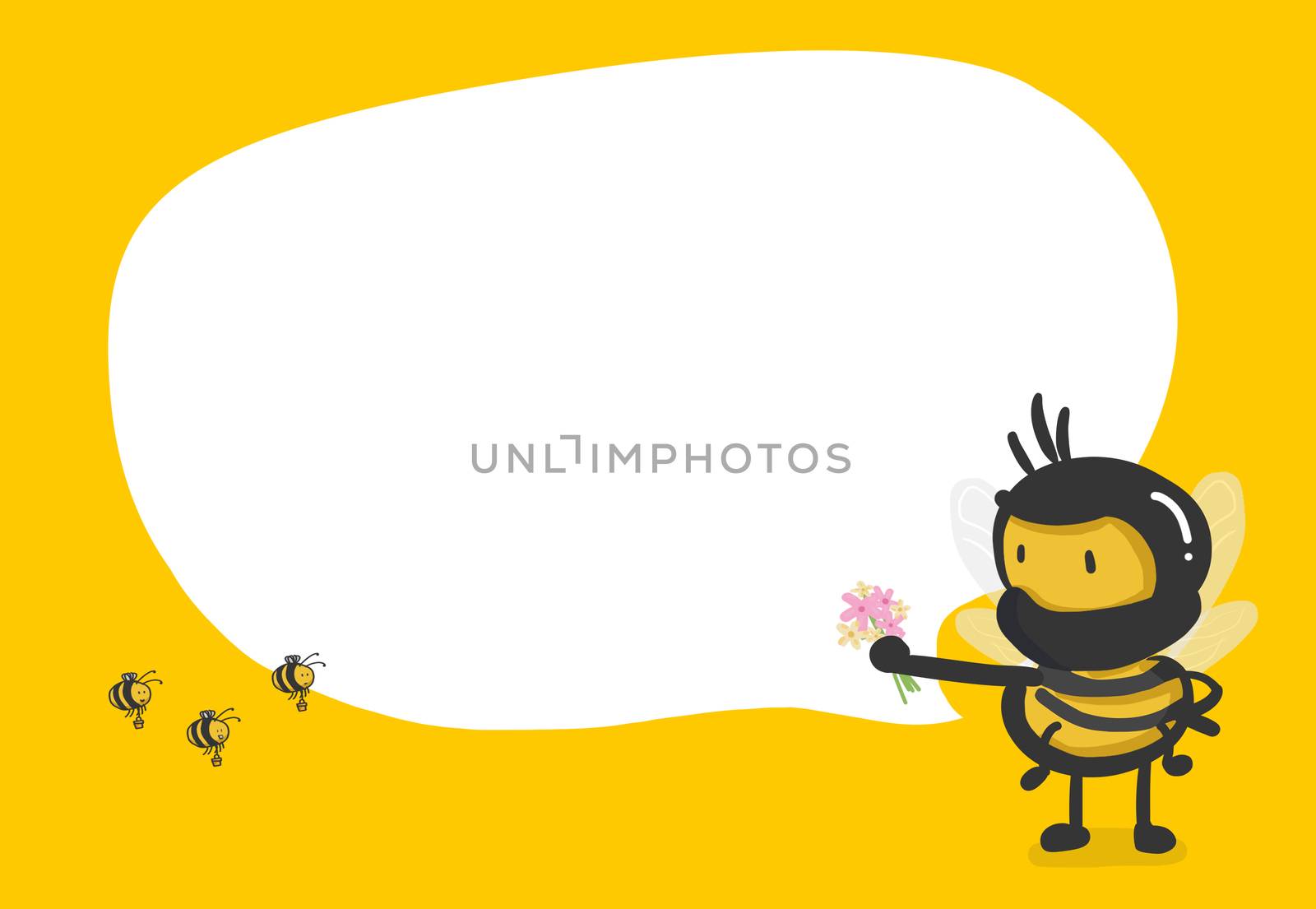 The bee wear masks to cover the face in their hands holding flowers. Flowers are nectar for luring bees to come. Character design
