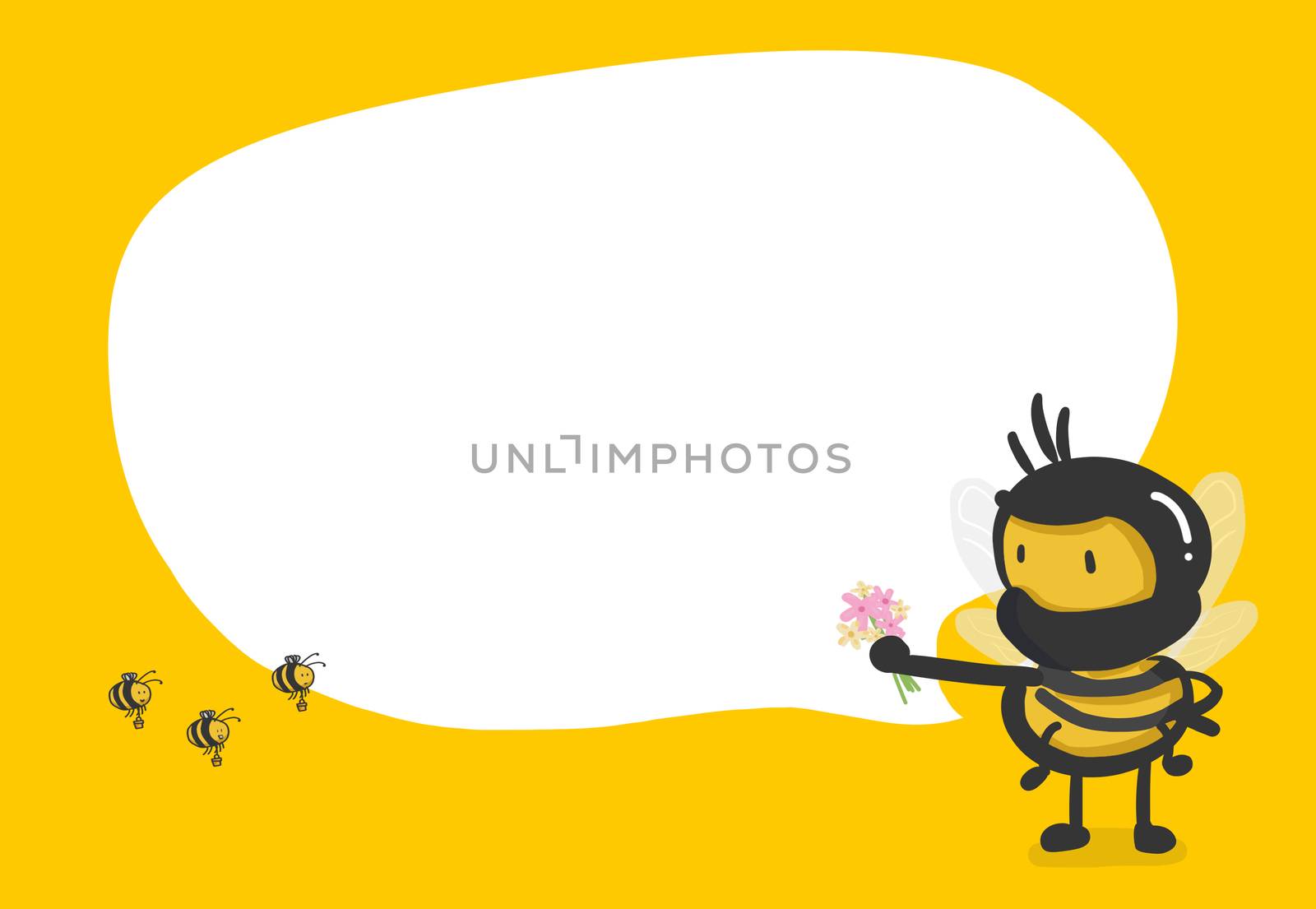 The bee wear masks to cover the face in their hands holding flowers. Flowers are nectar for luring bees to come. Character design