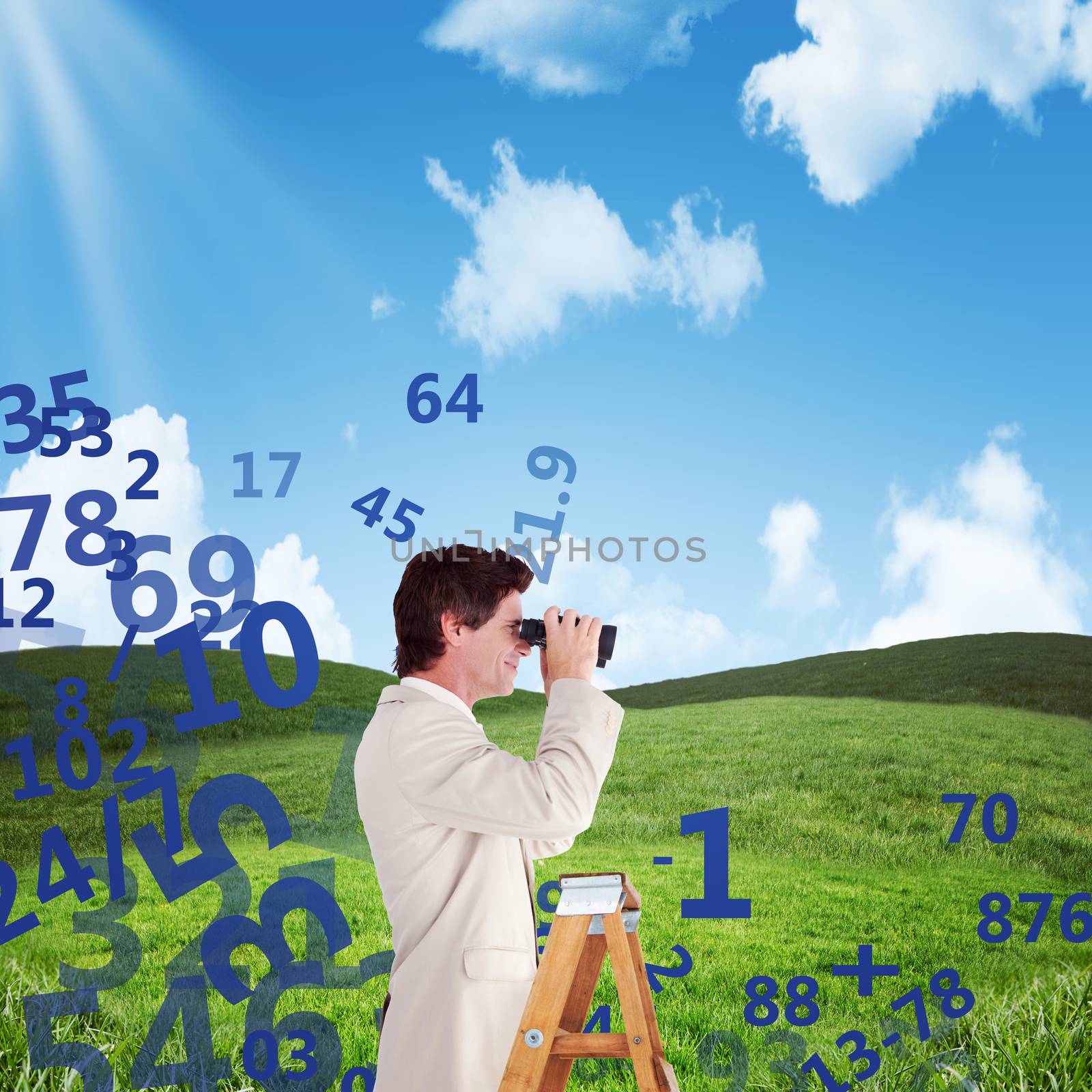 Businessman looking on a ladder against blue sky over green field