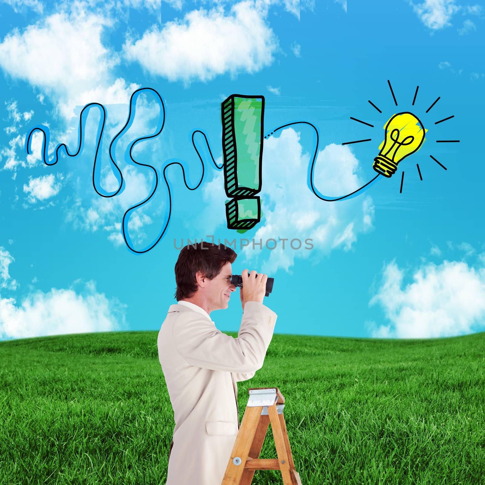 Businessman looking on a ladder against green field under blue sky