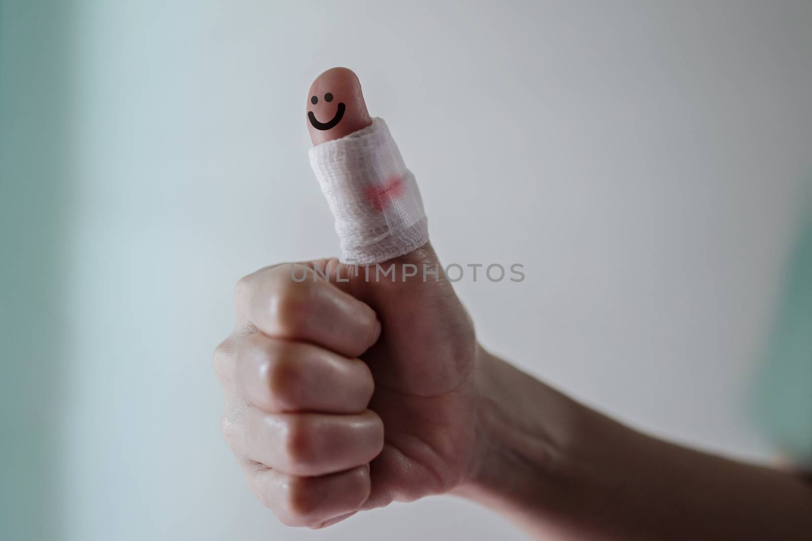 Happy and Positive Concept. Think Positive in Everyday Life. Fingers on First aid Bandaging with Strongly and Happiness Posture 