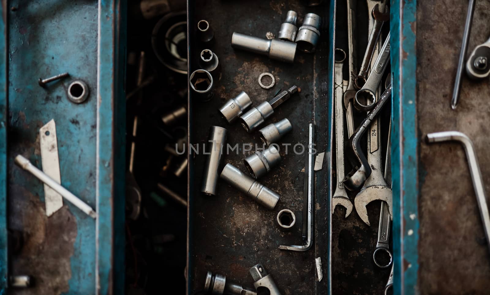 Top View of Mechanic Tools at the Garage. Engineer, Craftsman Toolbox. Selective Focus