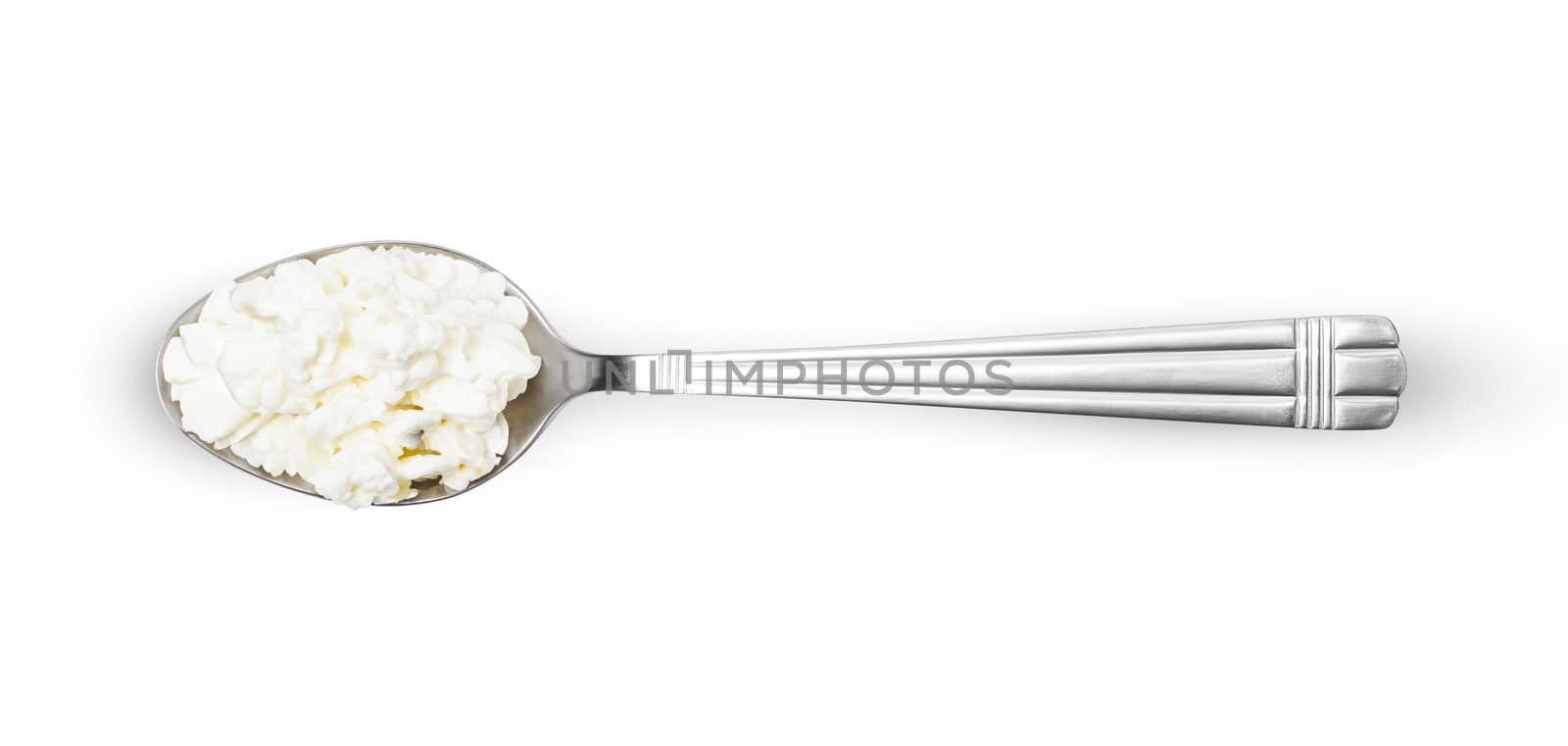 Cottage cheese in spoon isolated on white background by SlayCer
