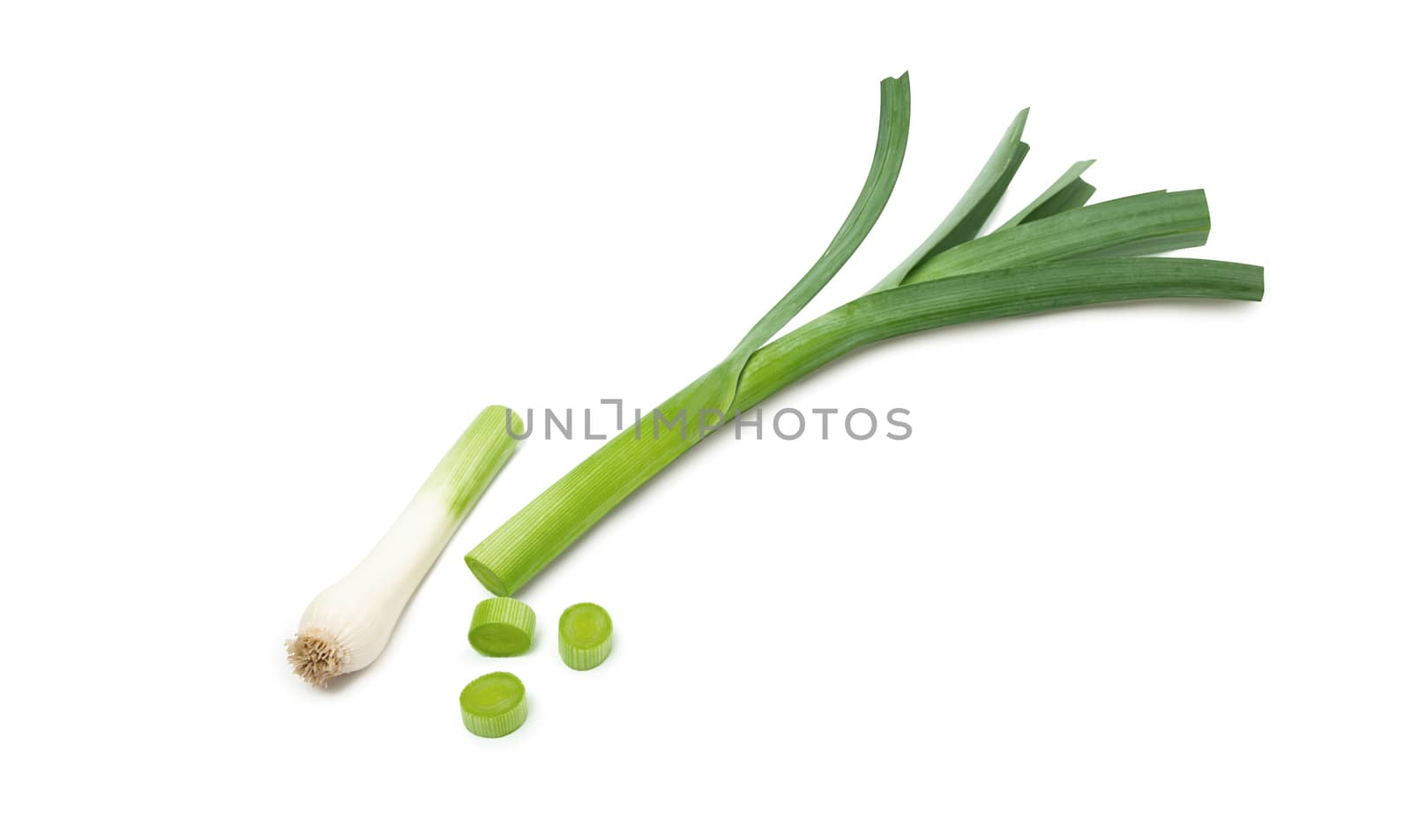 Fresh green leek sliced isolated on white background by SlayCer