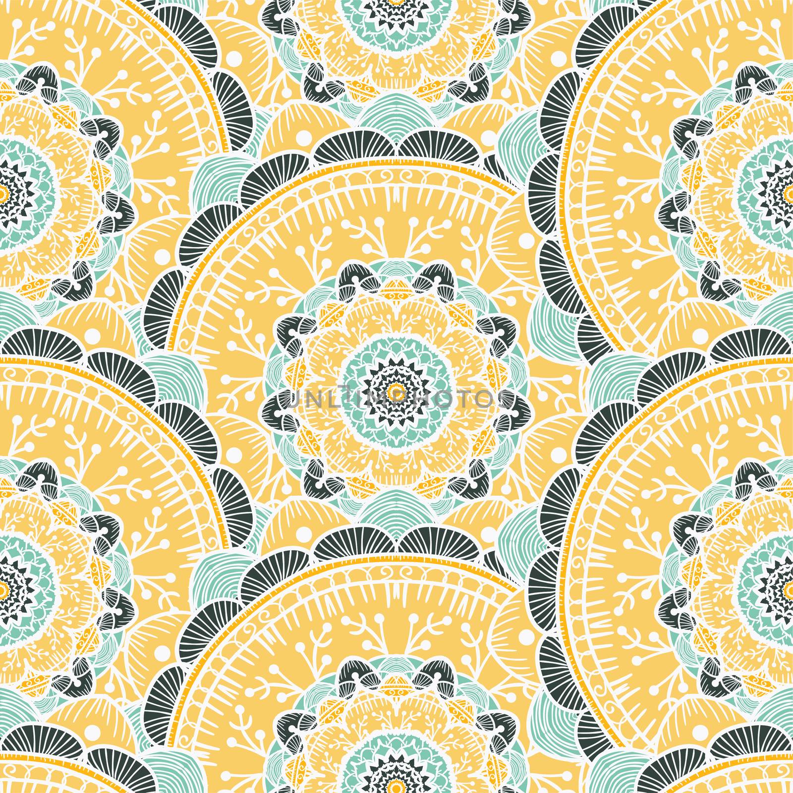 Hand drawn Gold Mandala Seamless Pattern. Arabic, indian, turkish and ottoman culture decoration style. Ethnic ornamental background. Magic vintage template of greeting, print, cloth, tattoo. Vector