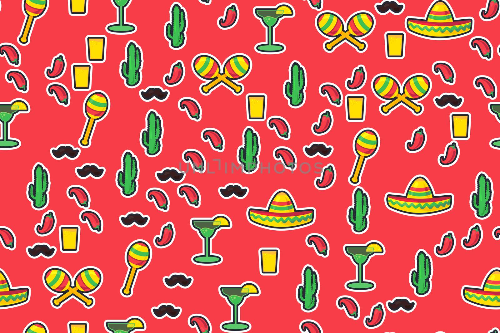 Cinco De Mayo Festival Seamless Pattern from chili, confetti, cactus, mustache and margarita, sombrero and maraca. Festival Poster. Vector