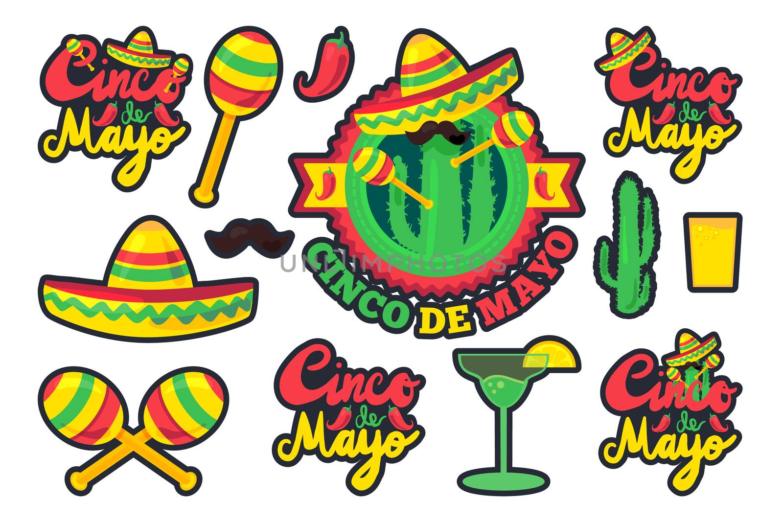 Cinco De Mayo Festival Stickers Set from chili, confetti, cactus, mustache and margarita, sombrero and maraca. Festival Poster. Vector