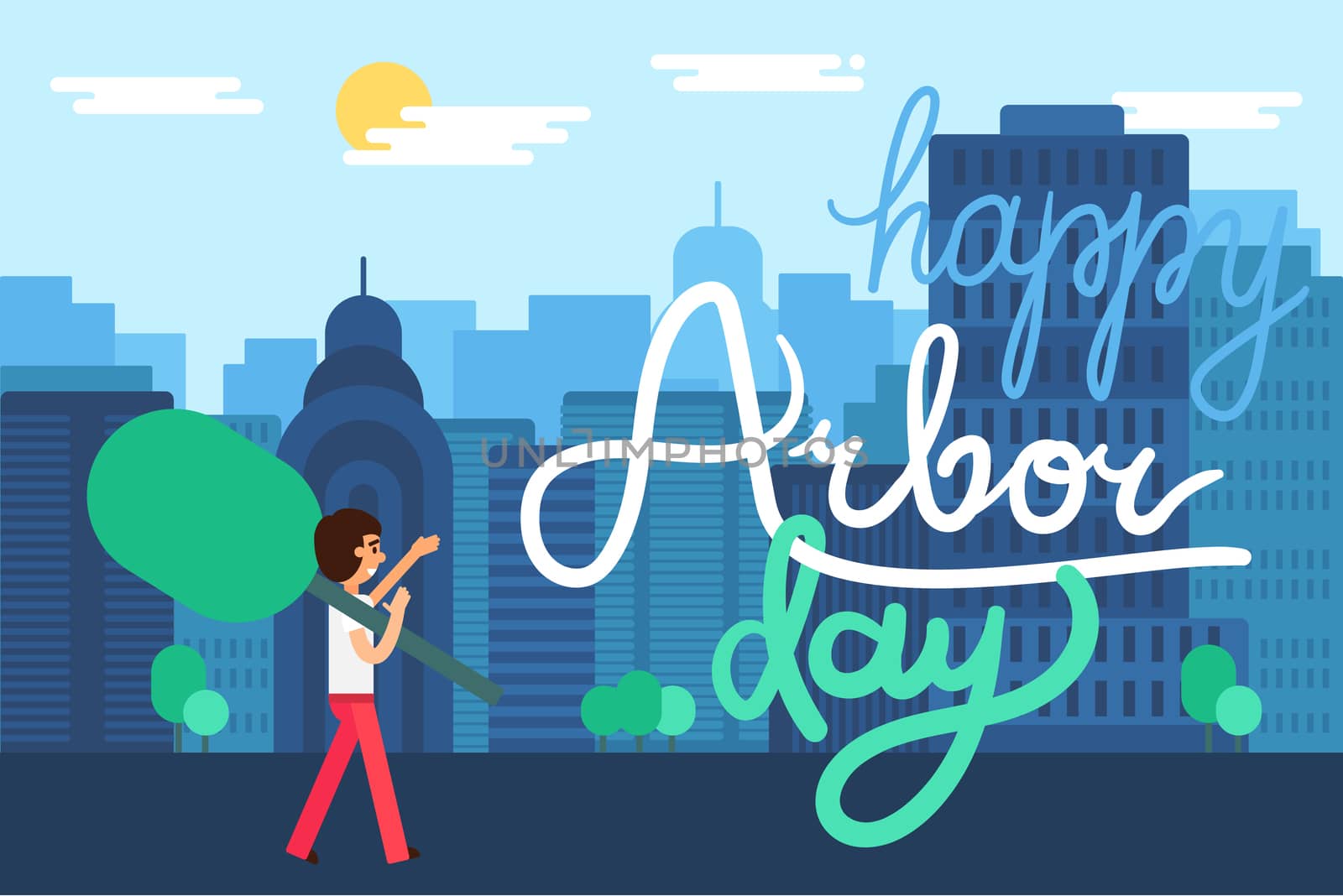 Save Our Planet Concept in city. Arbor Day Greeting for sticker, banner and flyer. Vector