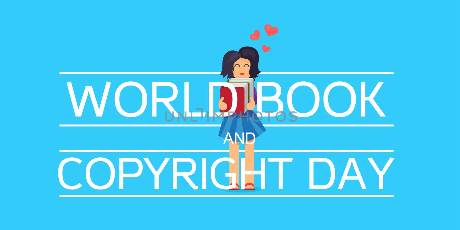 World Book and Copyright Day Horizontal Banner Wtih Reading Girl. Vector