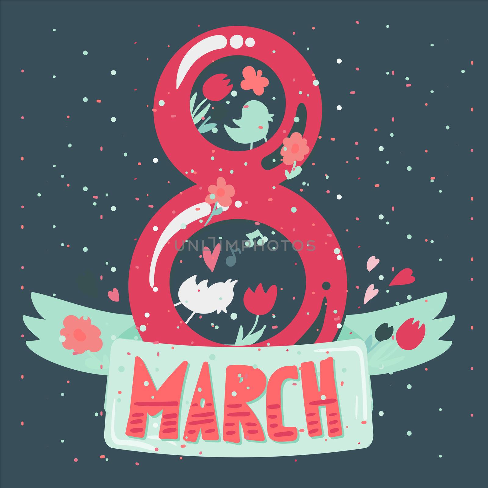 Happy Womens Day Banner. 8 March Lettering with birds and flowers. Vector