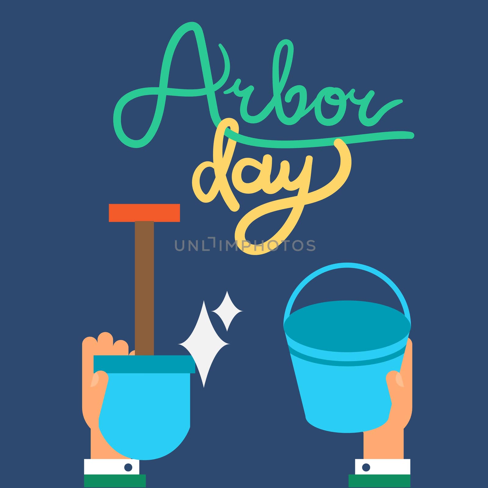 Save Our Planet Concept with shovel, bucket and hand. Arbor Day Greeting for sticker, banner and flyer. Vector