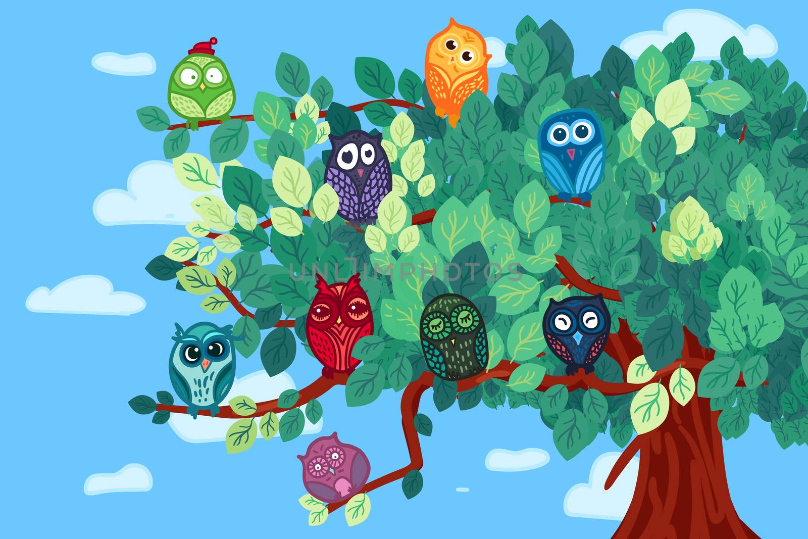 Hand Drawn Funny Owl on Branch. Owls Meeting for print, fabric, wrap and illustration, game, web and childrens items. Vector