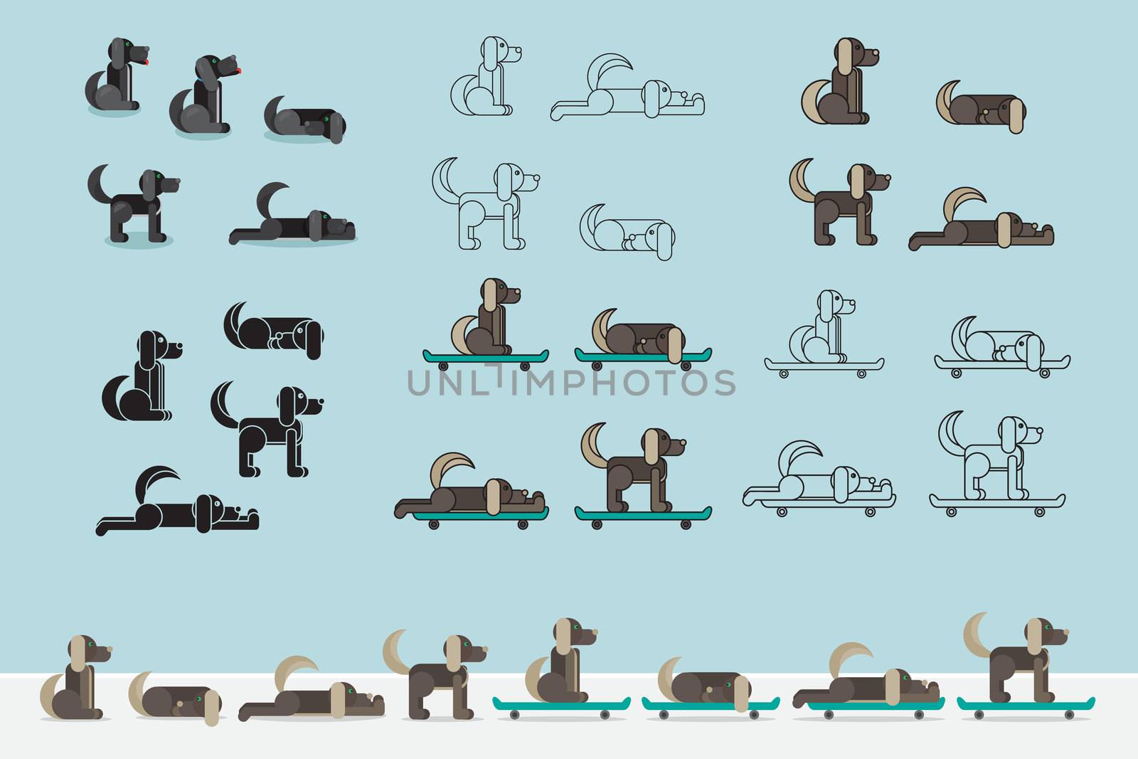 Dog with skateboard. Puppy set. Vet symbol. Delivery icon. Vector illustration