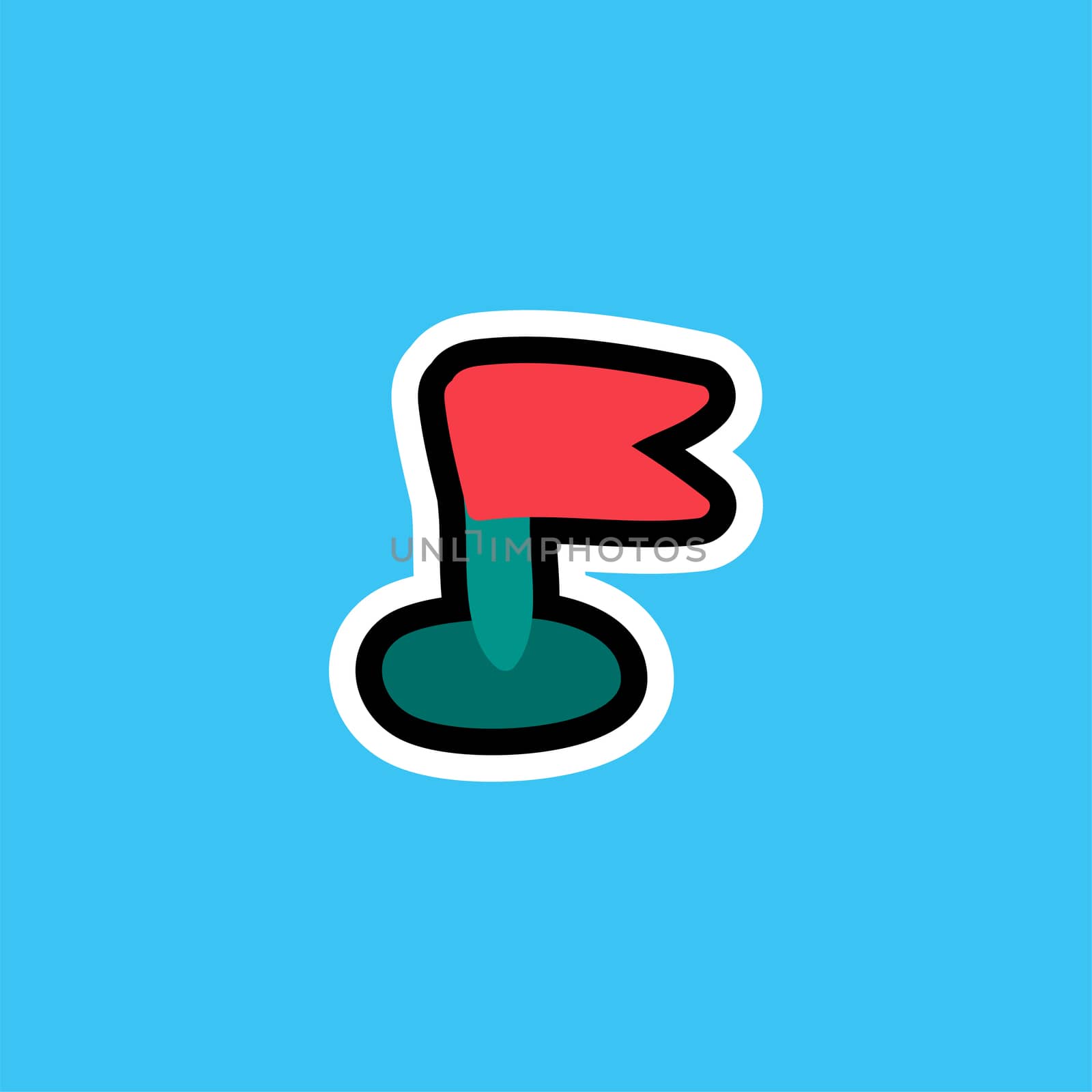 Cartoon sticker with pointer and flag. Vector