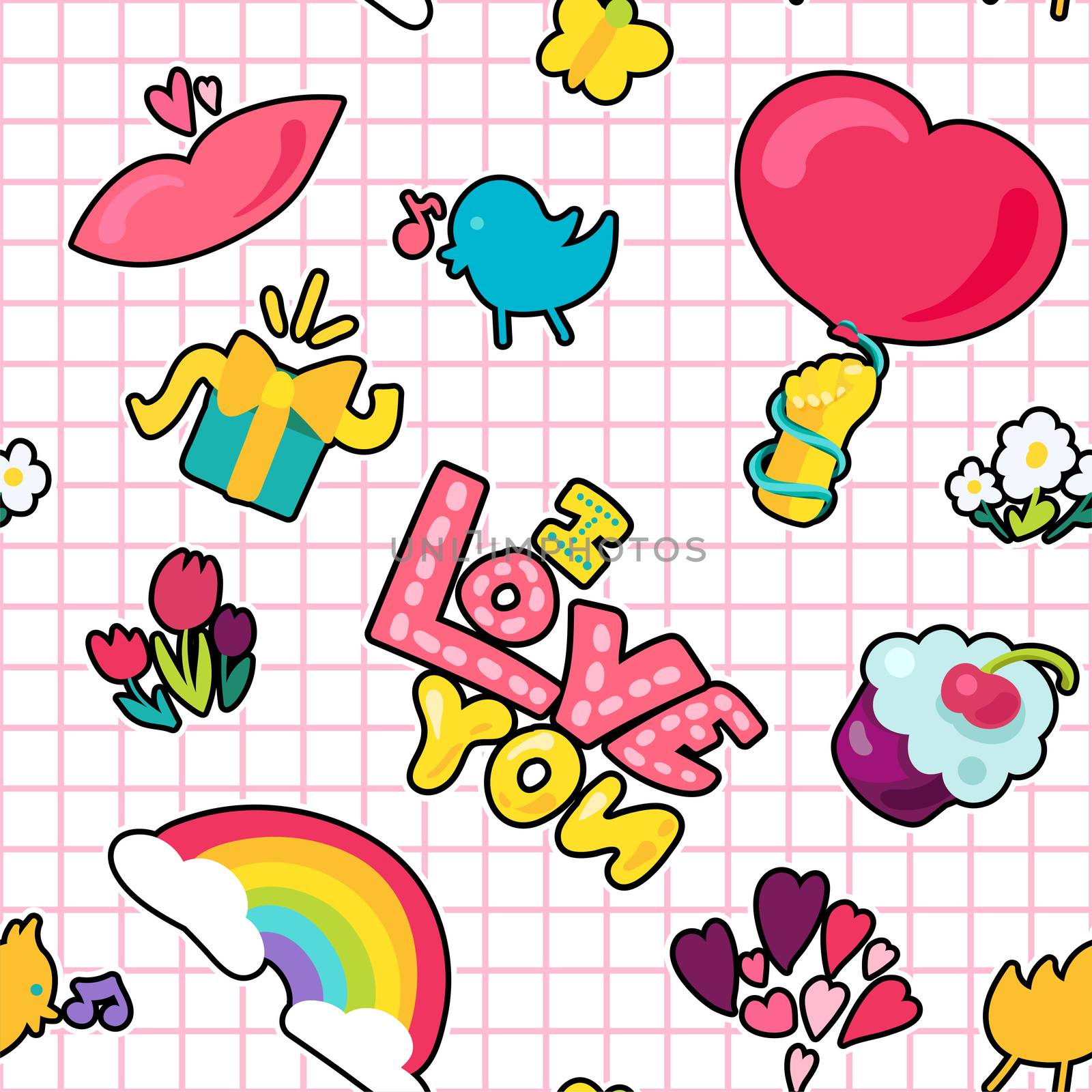 Vector Romantic Love Seamless Pattern in doodle style with shape. Girl fashion ornament. Nice cartoon background. Fun backdrop.