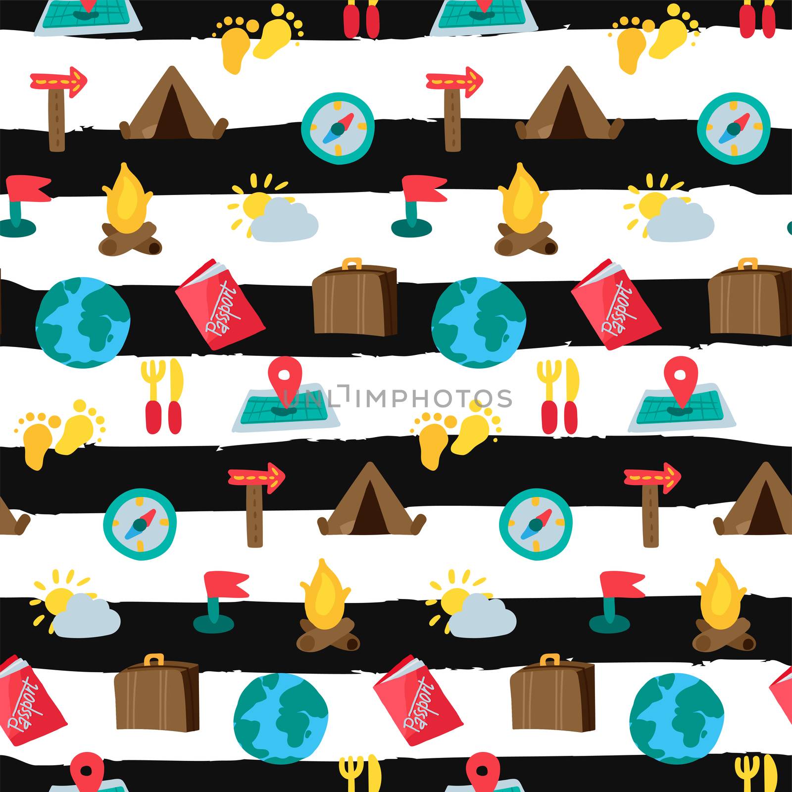 Cartoon travelling and camping seamless pattern by barsrsind