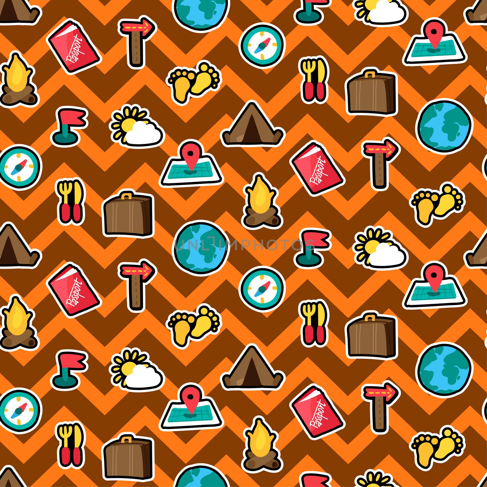 Camp, tourism and travel seamless pattern by barsrsind