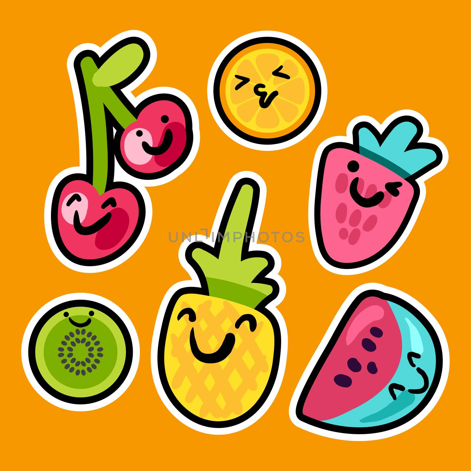 Tasty sweet fruits and berries set with emoji. Fun and cute smiles for kids, child, youth clothes print. Vector