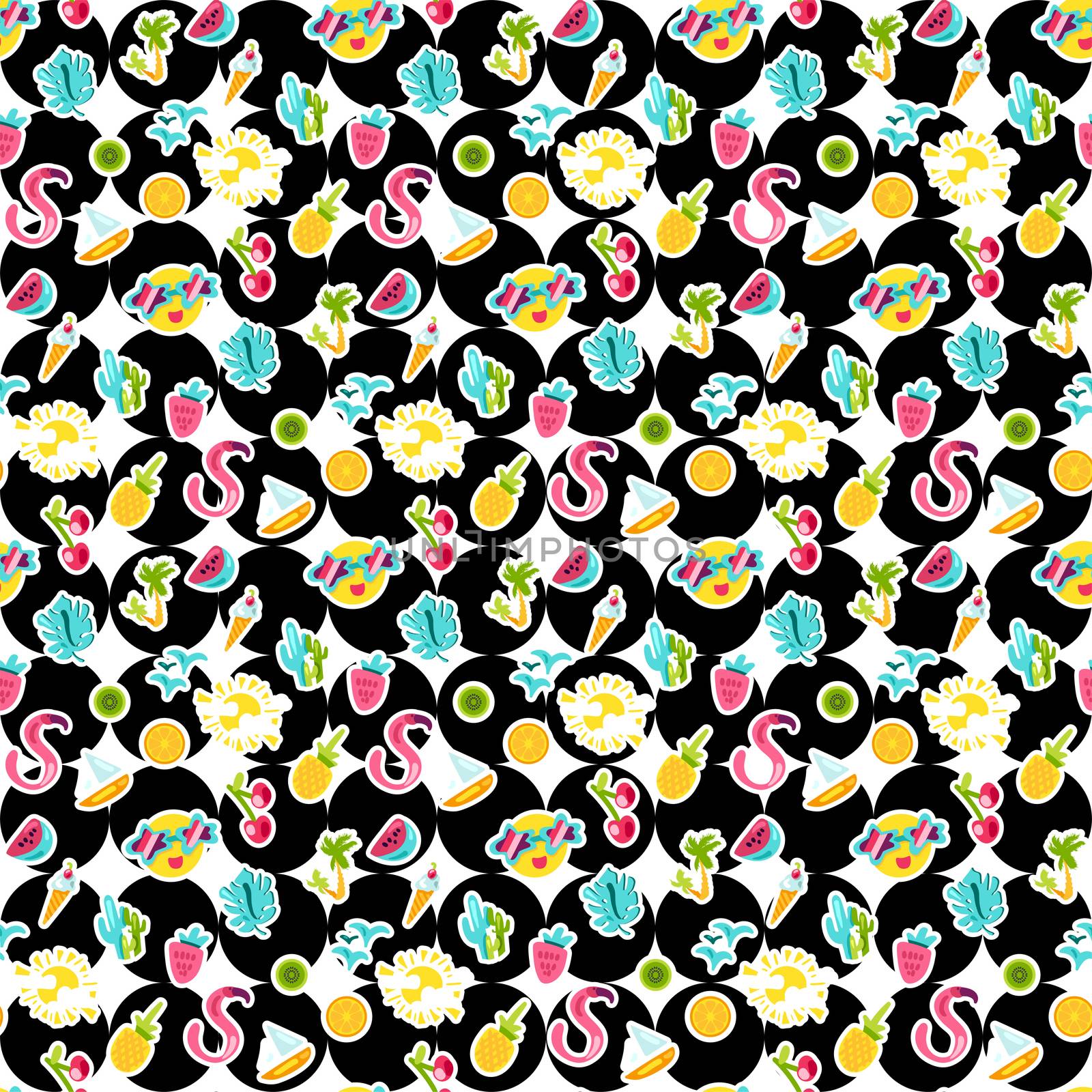 Summer stickers seamless pattern. Fruits, sun, berries. Vacation background with hand drawn cliparts