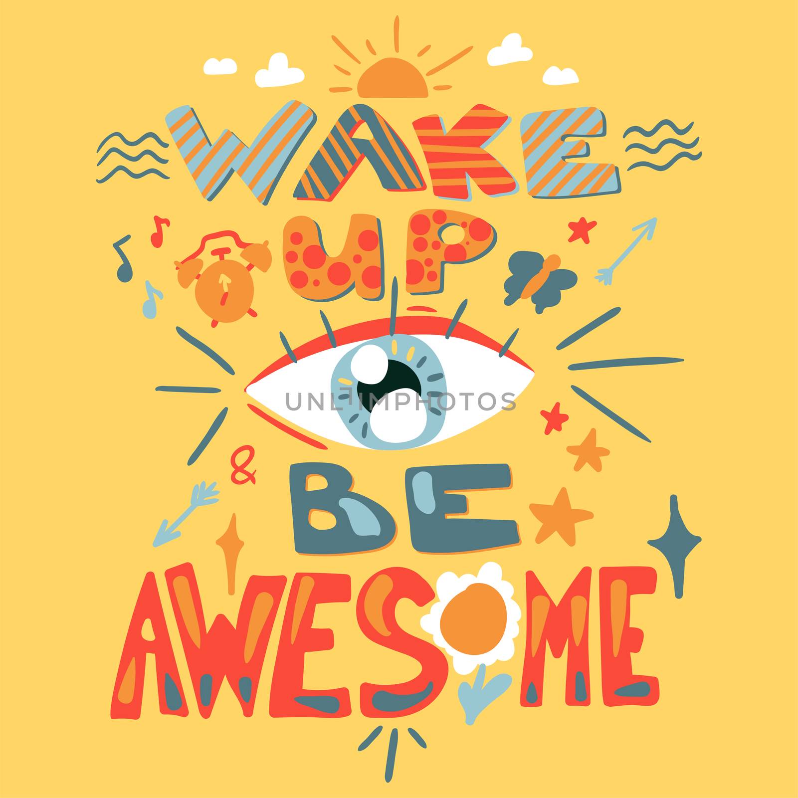 Success Secret - Wake Up and Be Awesome. Good morning concept with sun, eye and alarm. Vector