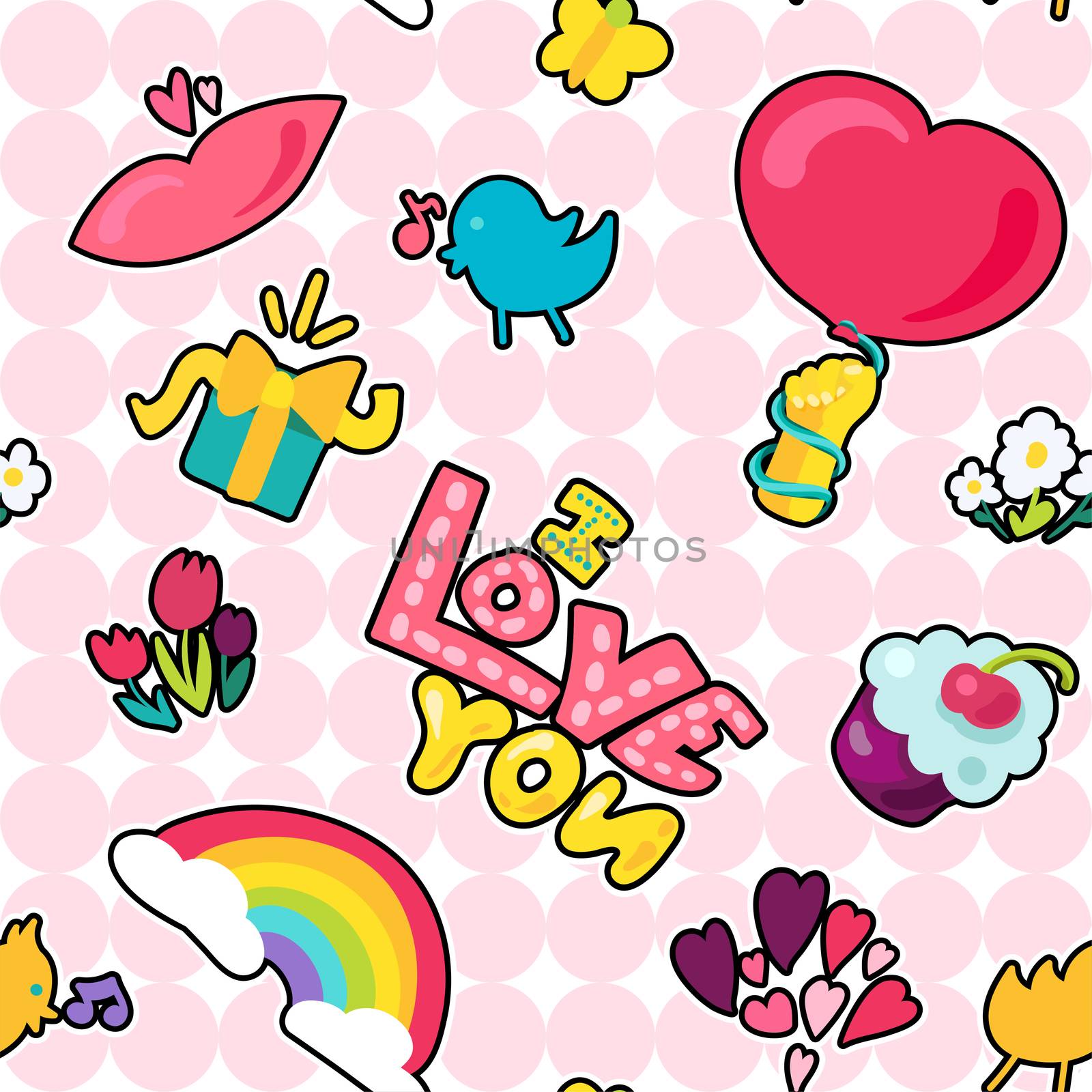 Vector romantic love patch I love you and girl fashion patchworks design. Isolated images of love and heart or rainbow and twit