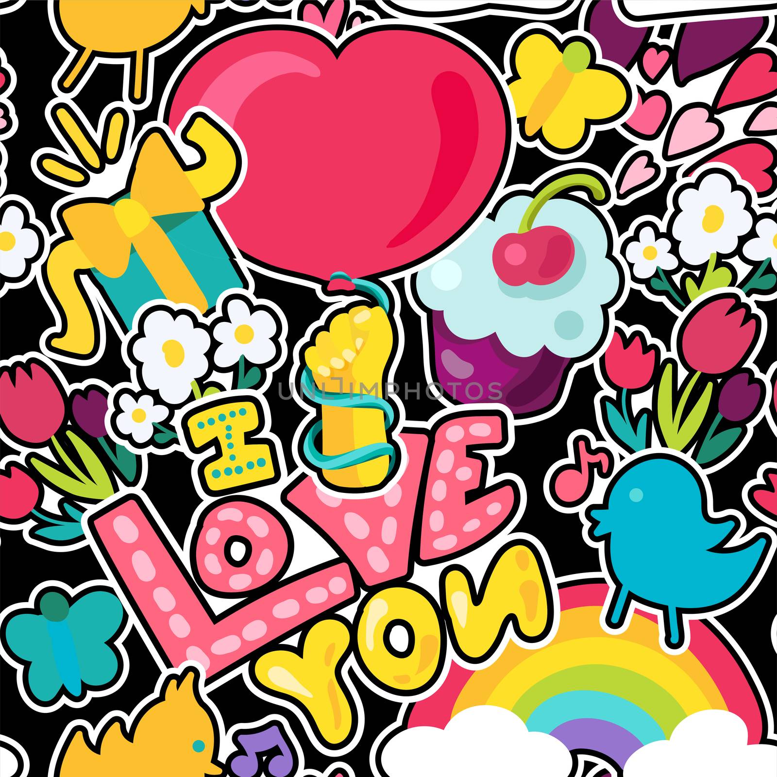 Vector Romantic Love Seamless Pattern in doodle style with shape. Girl fashion ornament. Nice cartoon background. Fun backdrop.