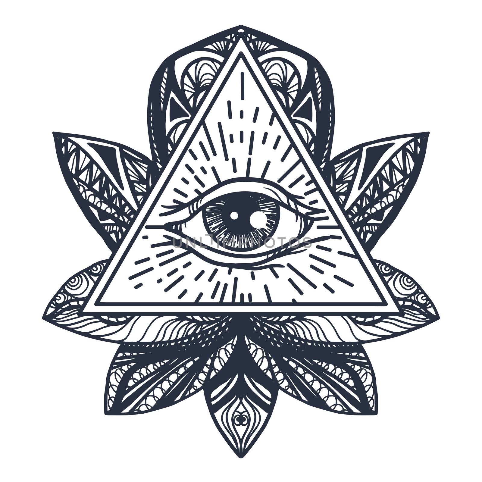 Vintage All Seeing Eye in Mandala Lotus. Providence magic symbol for print, tattoo, coloring book,fabric, t-shirt, cloth in boho style. Astrology, occult, esoteric insight sign with eye. Vector