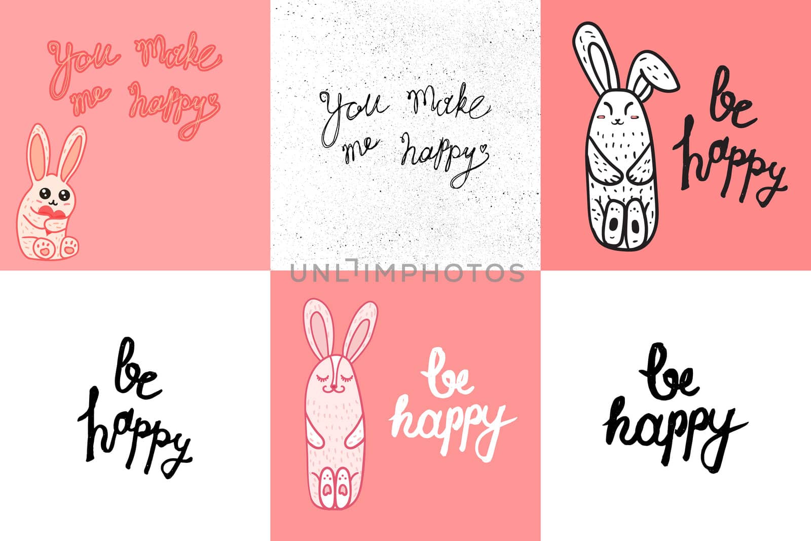 Vintage hand drawn lettering hipster composition with phrase Be Happy with heart and rabbits. Print, typographic, greeting, poster, t-shirt design about love. Vector