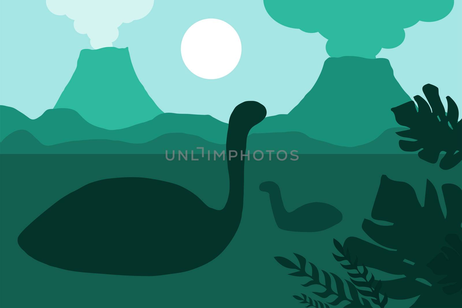 Age of dinosaurs in silhouettes. The natural landscape with the volcanoes and the sea. Tropical ocean shore. Mesozoic era. Green colors. Vector