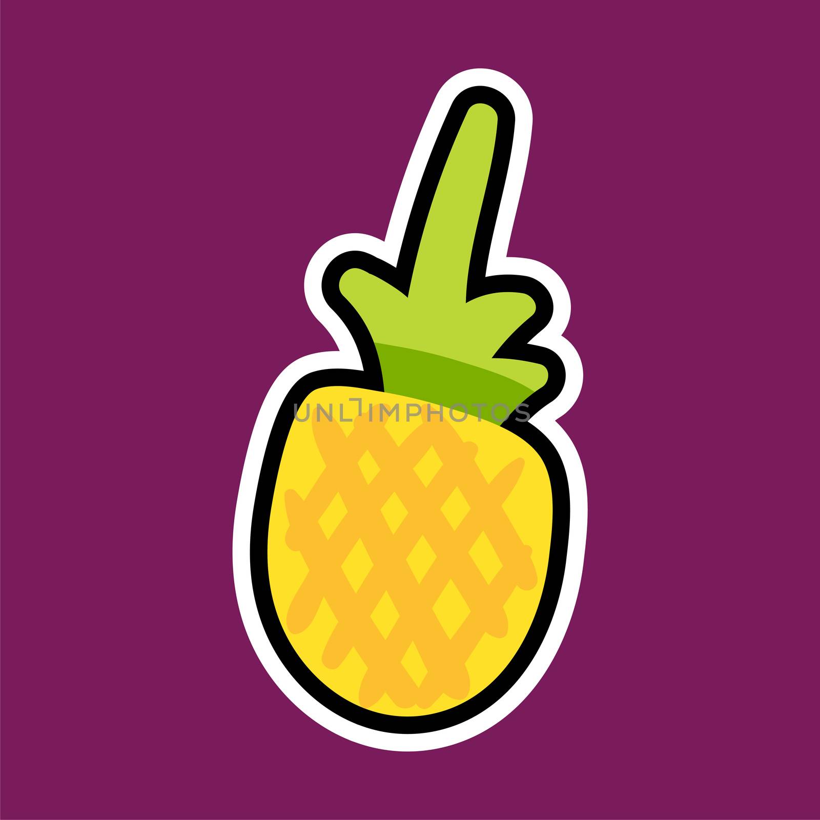 Pineapple cartoon sticker. Sweet fruit label. Patch and print for t-shirt, fabric, clothes. Menu item. Juice and summer symbol. Vector