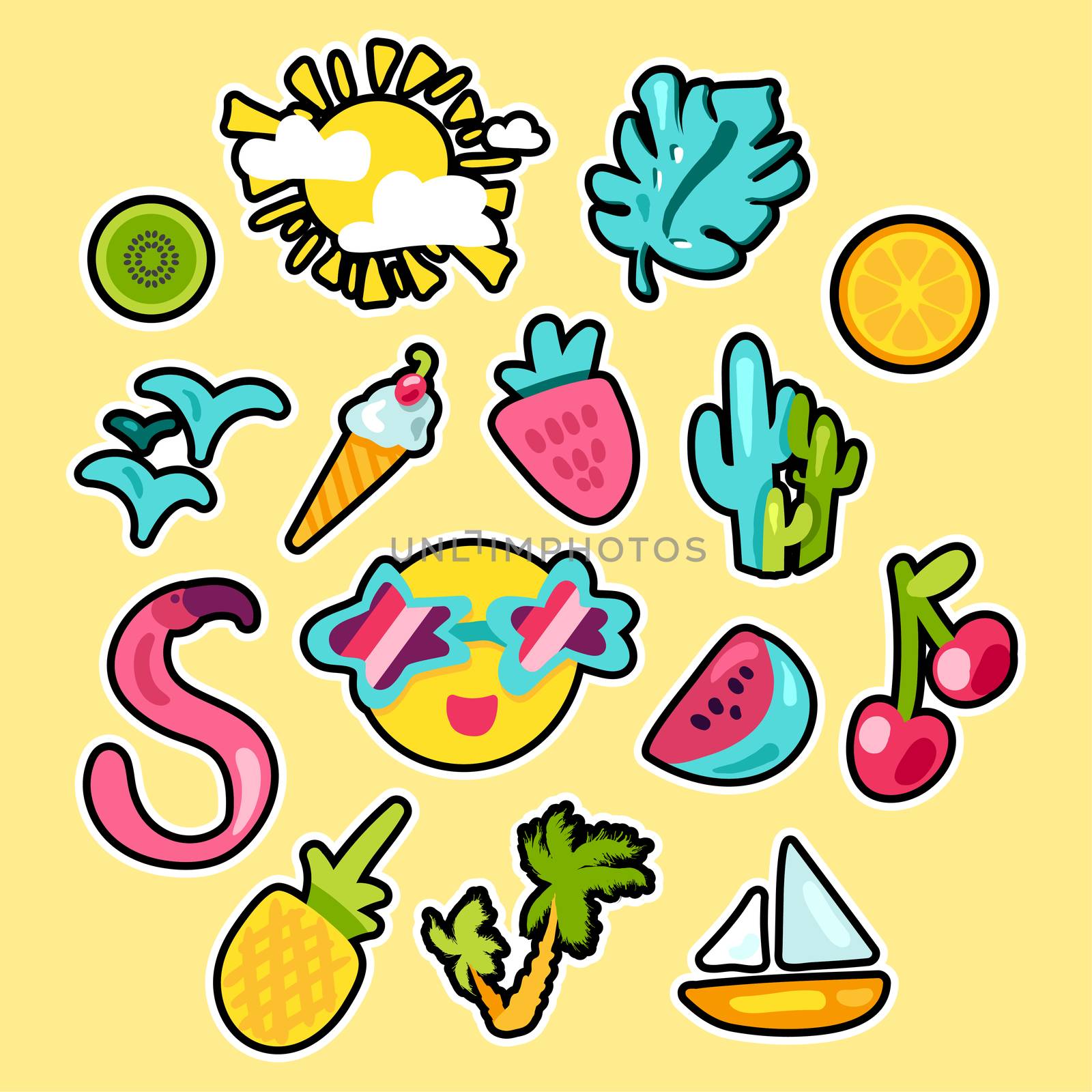 Vector Tropical Summer Patches Set in doodle style with shape. Fruits and berries. Girl fashion sweet patchworks design. Nice cartoon stickers. Fun badges