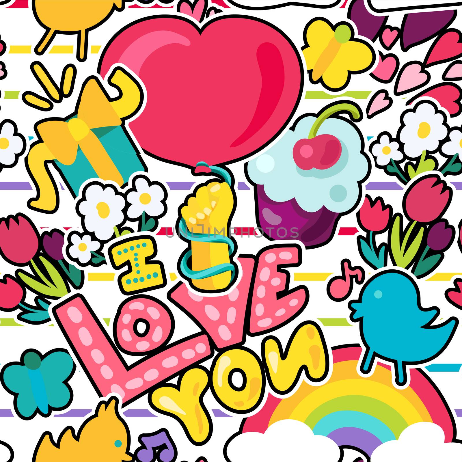 Vector Romantic Love Seamless Pattern in doodle style with shape. Girl fashion ornament. Nice cartoon background. Fun backdrop.