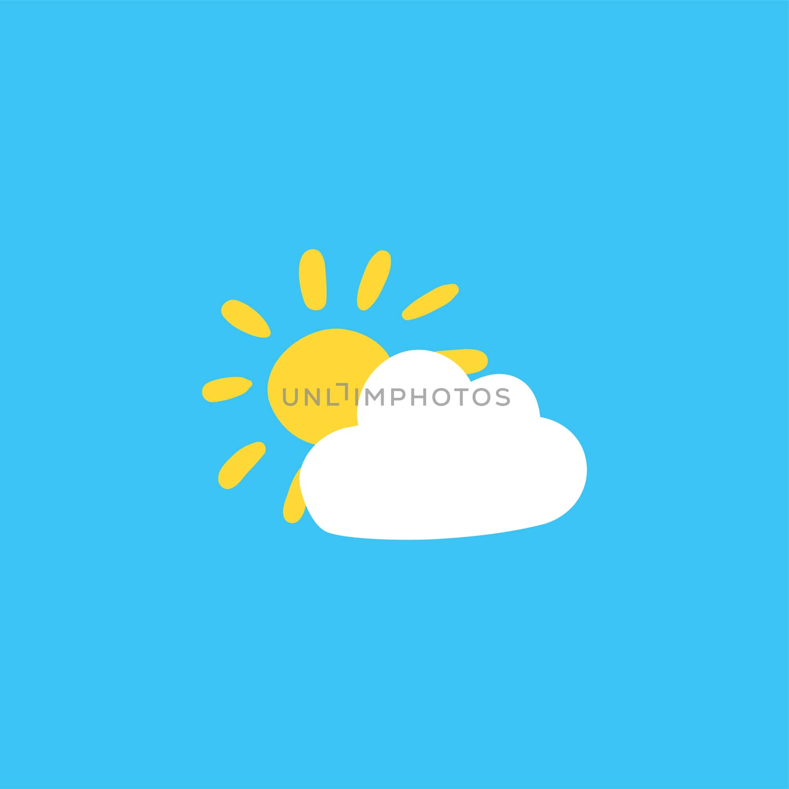 Cloud and sun flat color illustration. Sunny weather forecast. Sky hand drawn vector background