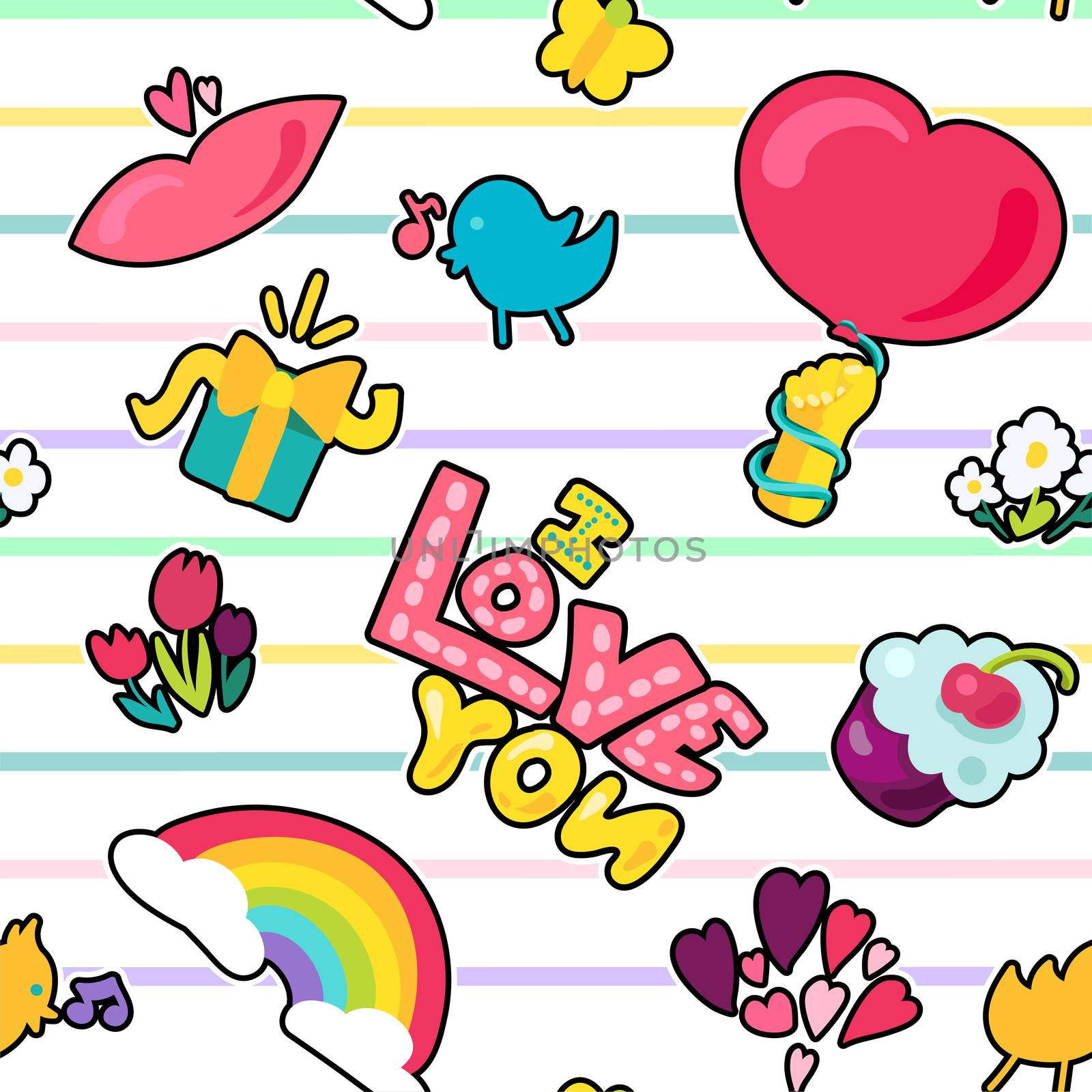 Vector Romantic Love Seamless Pattern in doodle style with shape. Girl fashion ornament. Nice cartoon background. Fun backdrop.