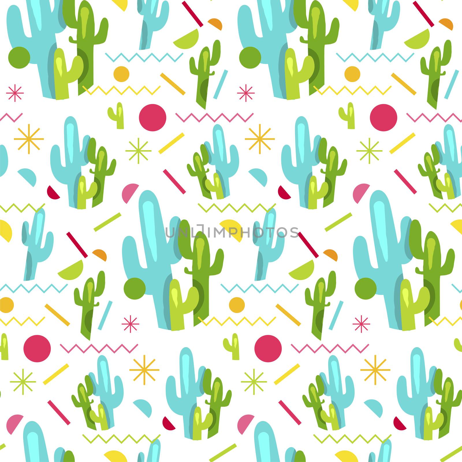 Fashion memphis stylish bright seamless pattern with cactus. Vector