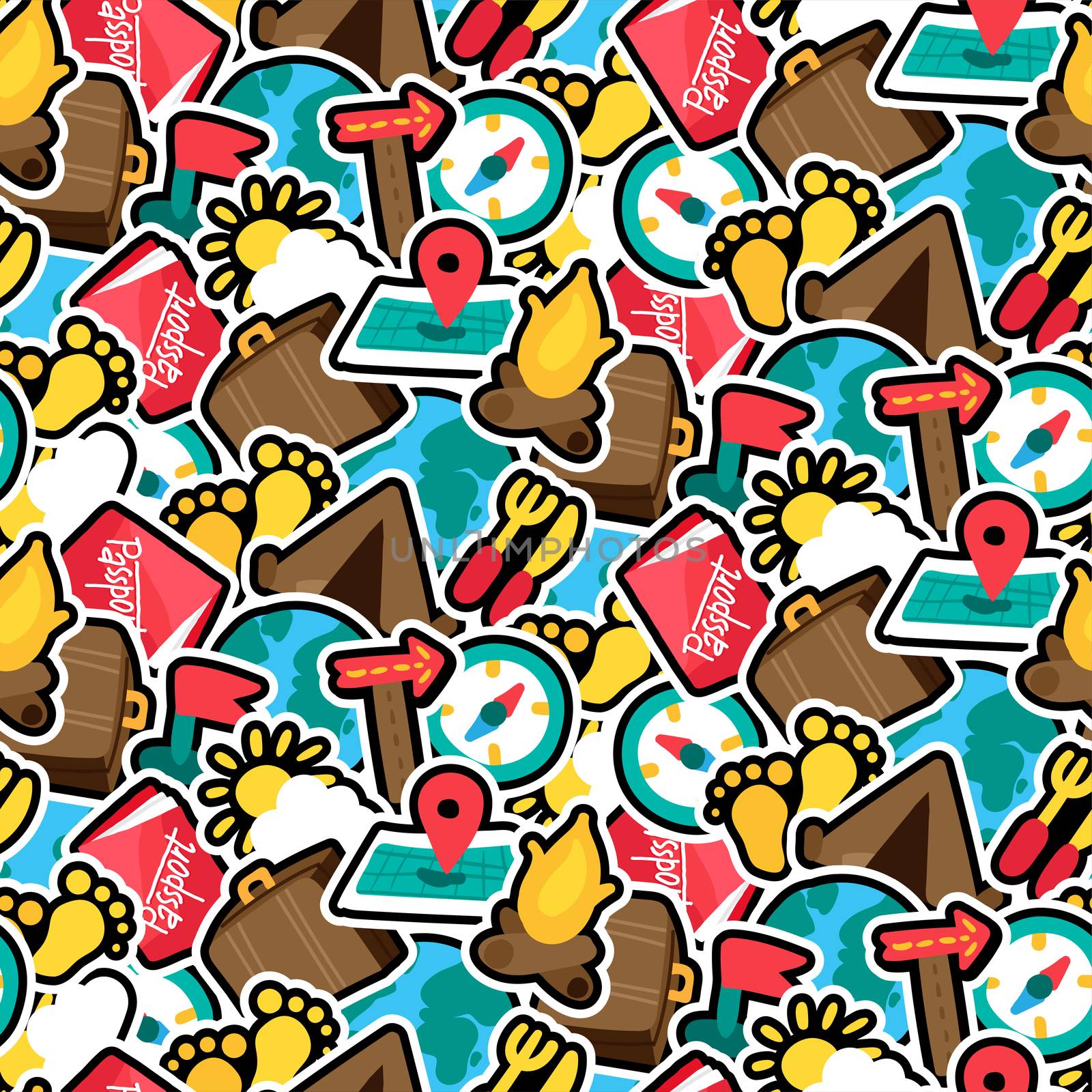 Travel seamless color vector pattern. Trip, vacation. Tourism background with hand drawn stickers
