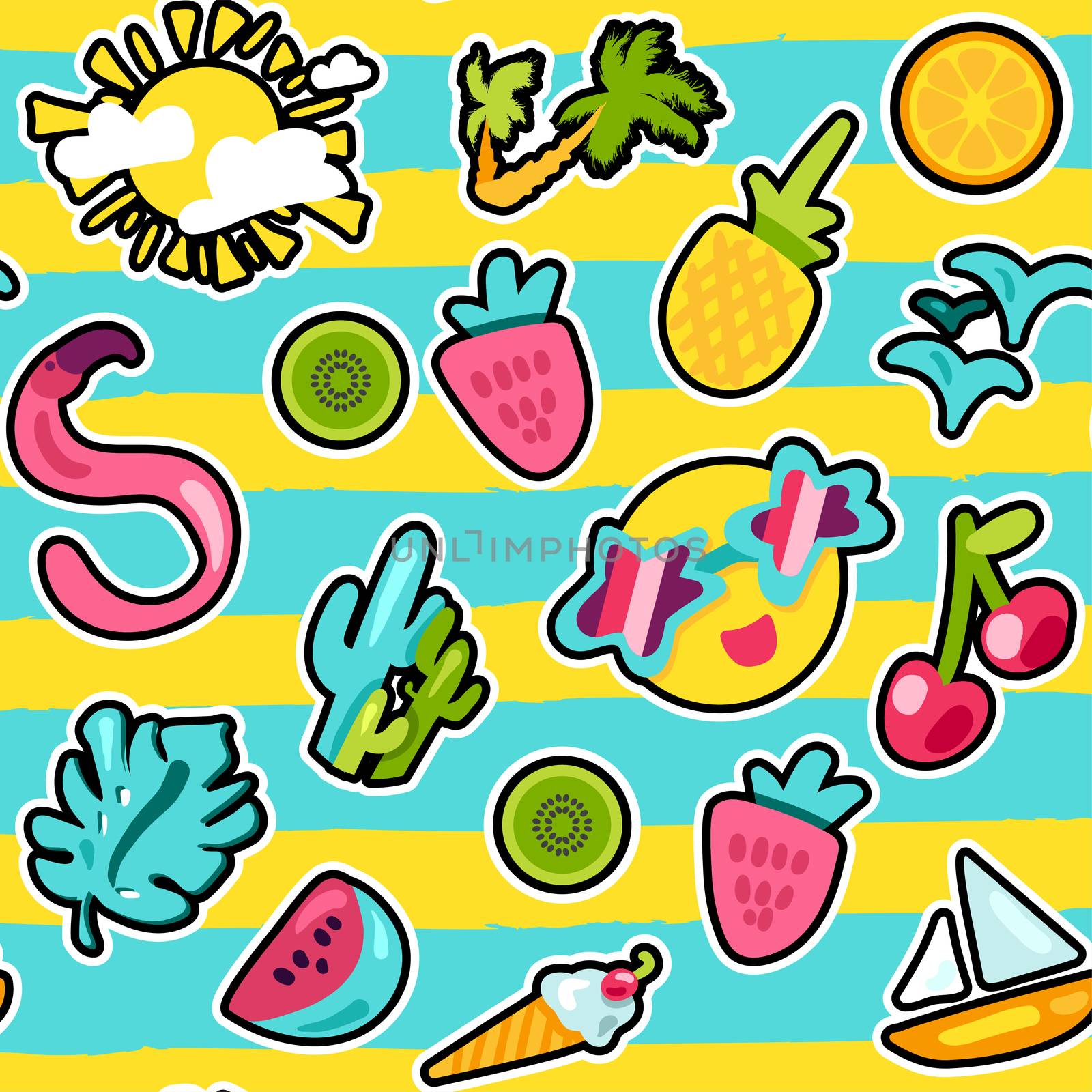 Vector Exotic Summer Seamless Pattern with shape. Fruits and berries. Girl fashion sweet ornament design. Beach cartoon background. Hot wrap