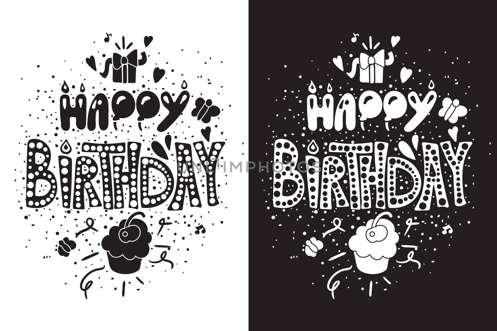 Happy Birthday Greeting Card in black white themes with gift and cupcake. Vector illustration
