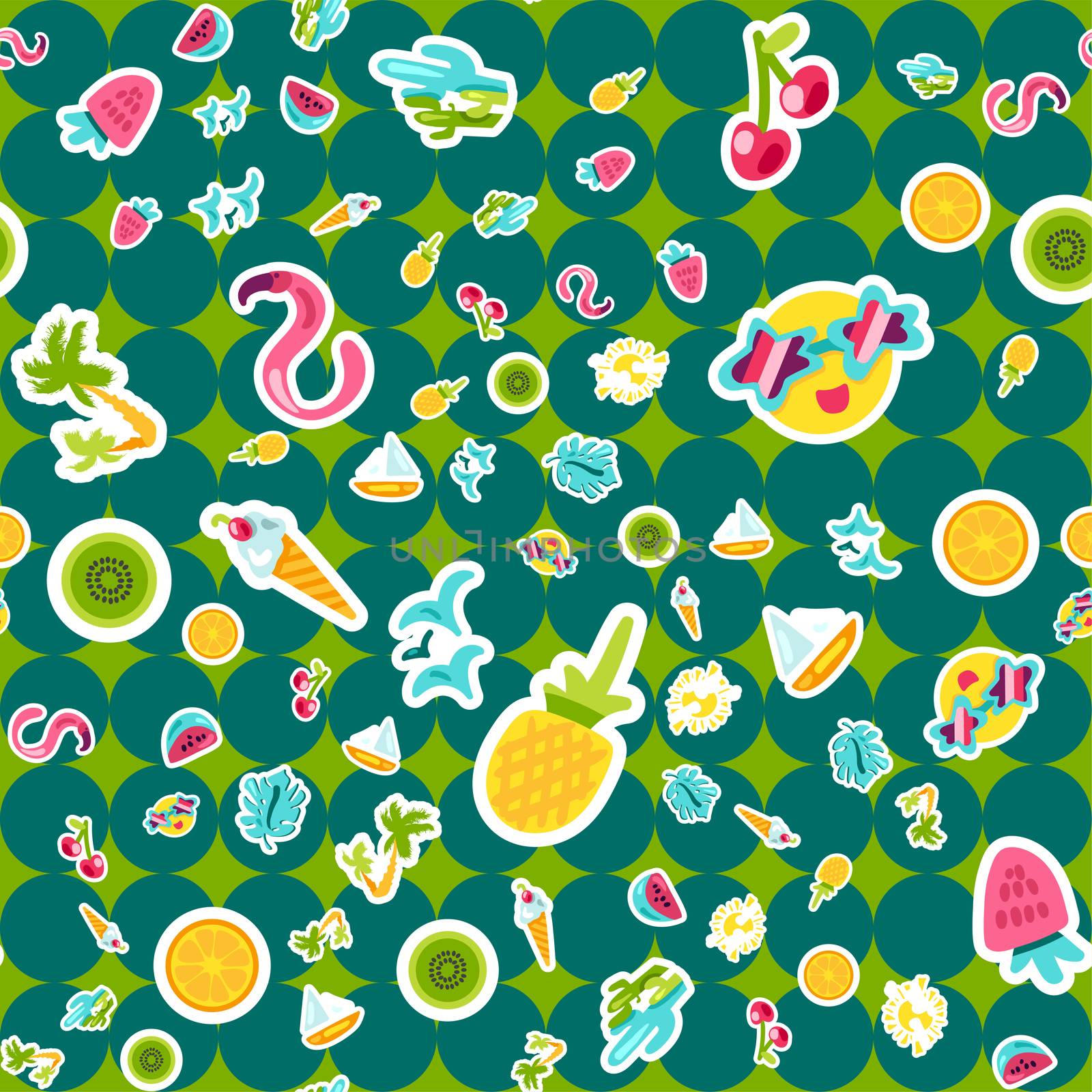 Vector Tropical Summer Seamless Pattern in doodle style with shape. Fruits and berries. Girl fashion sweet ornament design. Nice cartoon background. Fun wrap