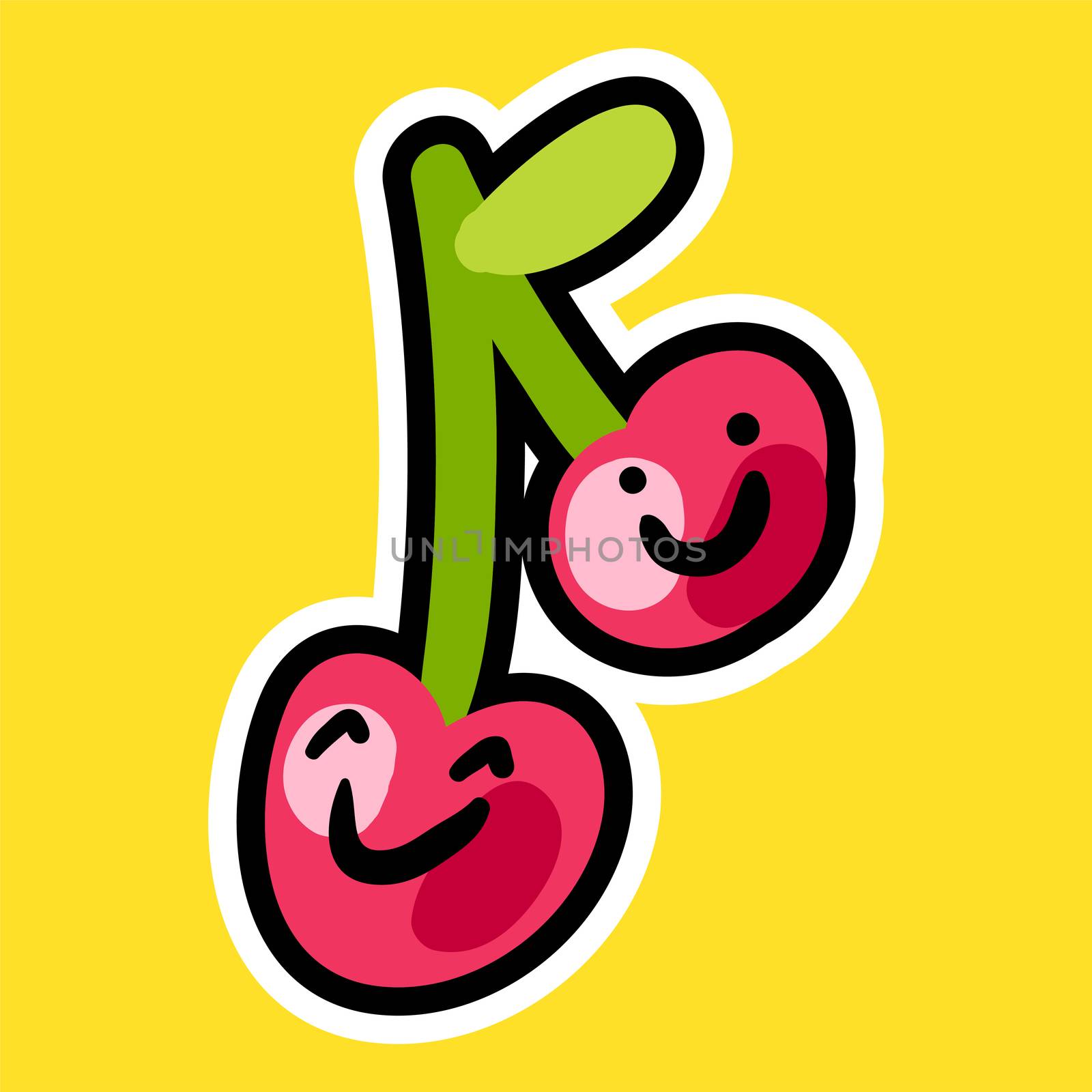Sticker with smiling cherry. Sweet berry for juice with smile. Tasty food. Vector