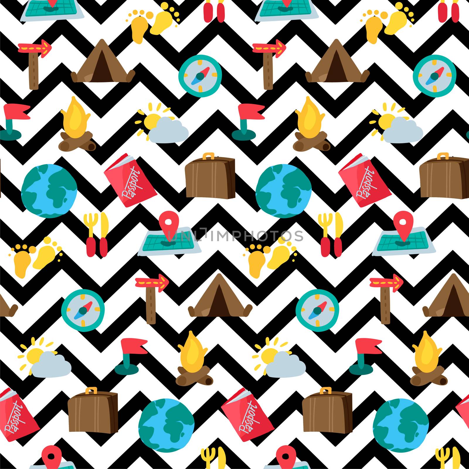 Cartoon travelling and camping seamless pattern. Hipster background. Vector