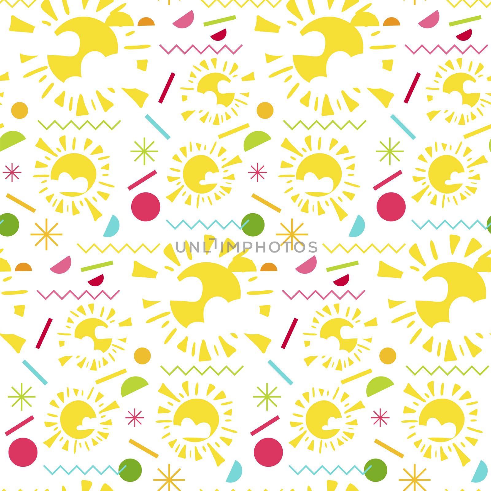 Fashion memphis stylish bright seamless pattern with sun. Vector