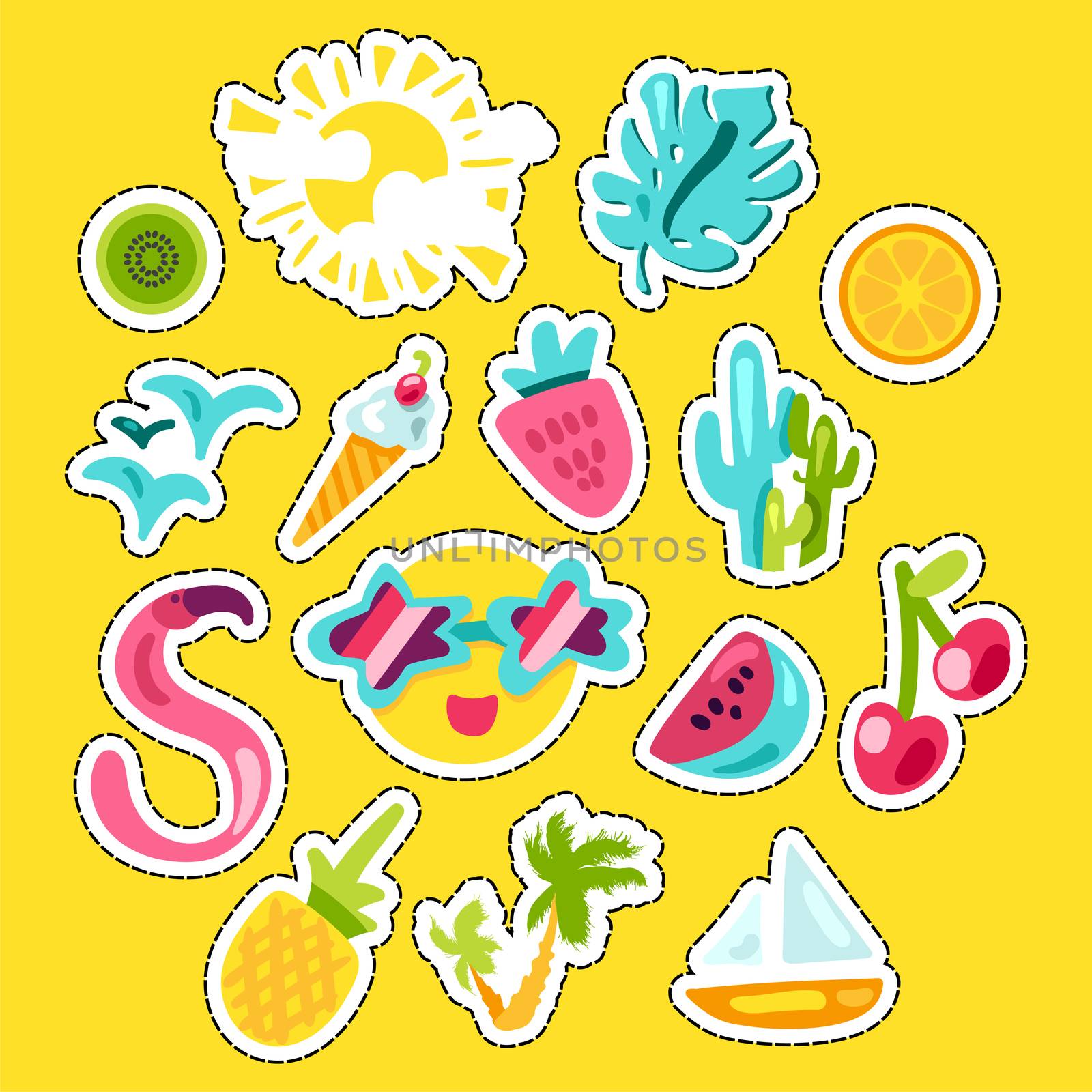 Vector Tropical Summer Patches Set in doodle style with shape. Fruits and berries. Girl fashion sweet patchworks design. Nice cartoon stickers. Fun badges