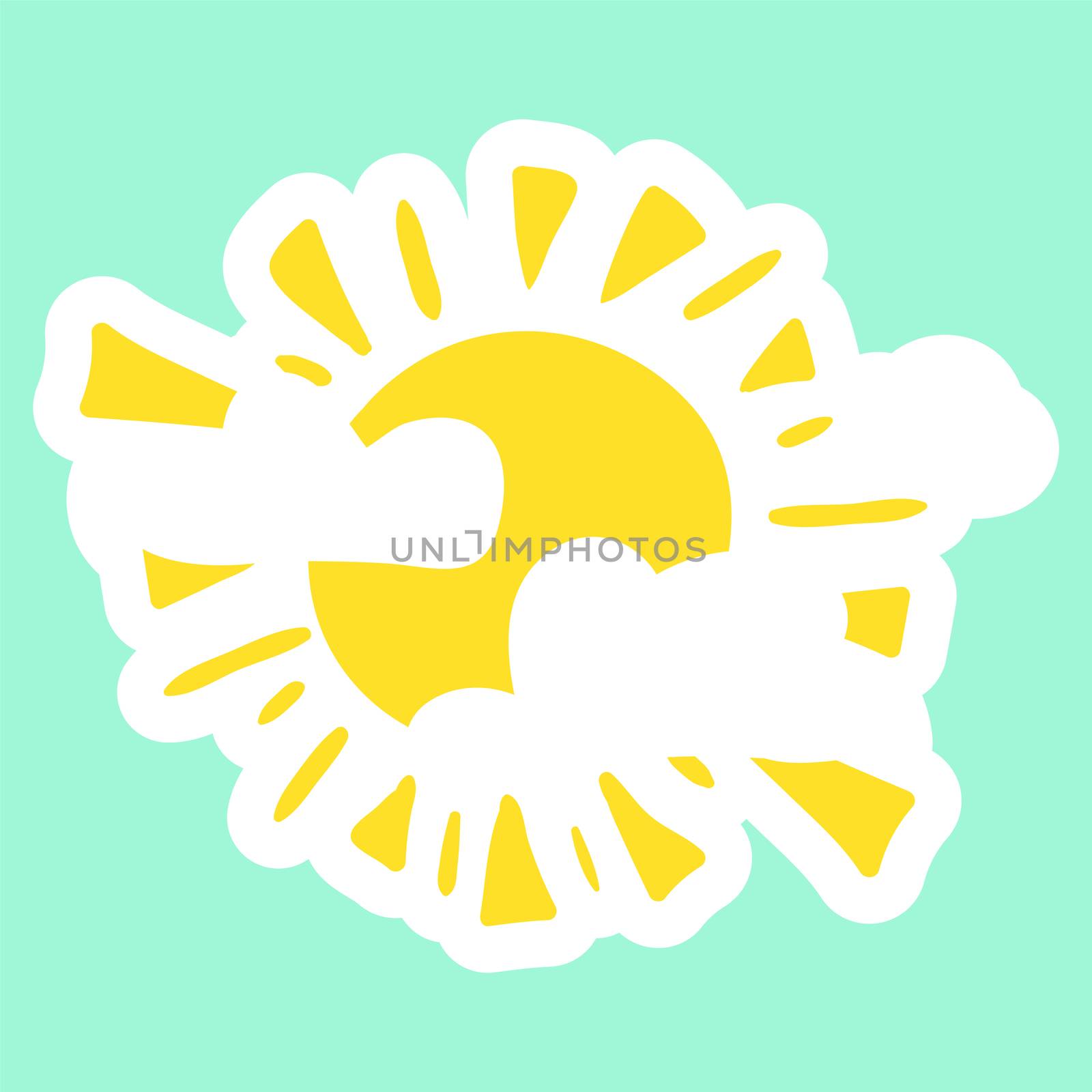 Yellow fun sun. Summer sticker and patch. Hot time symbol. Day sign. Beach icon. Vector