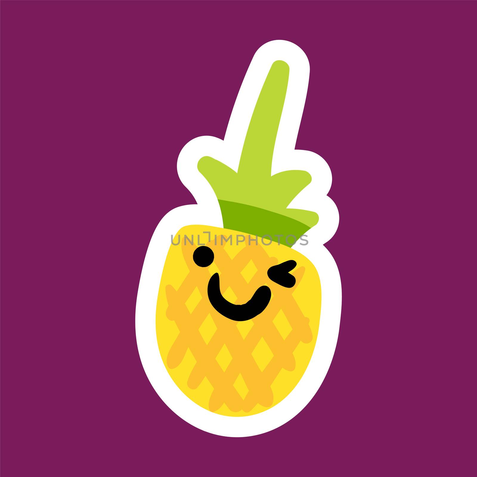 Sticker with pineapple. Cheerful smiling fruit. Symbol of summer. Dessert and sweet food sign. Fashionable patch. Vector