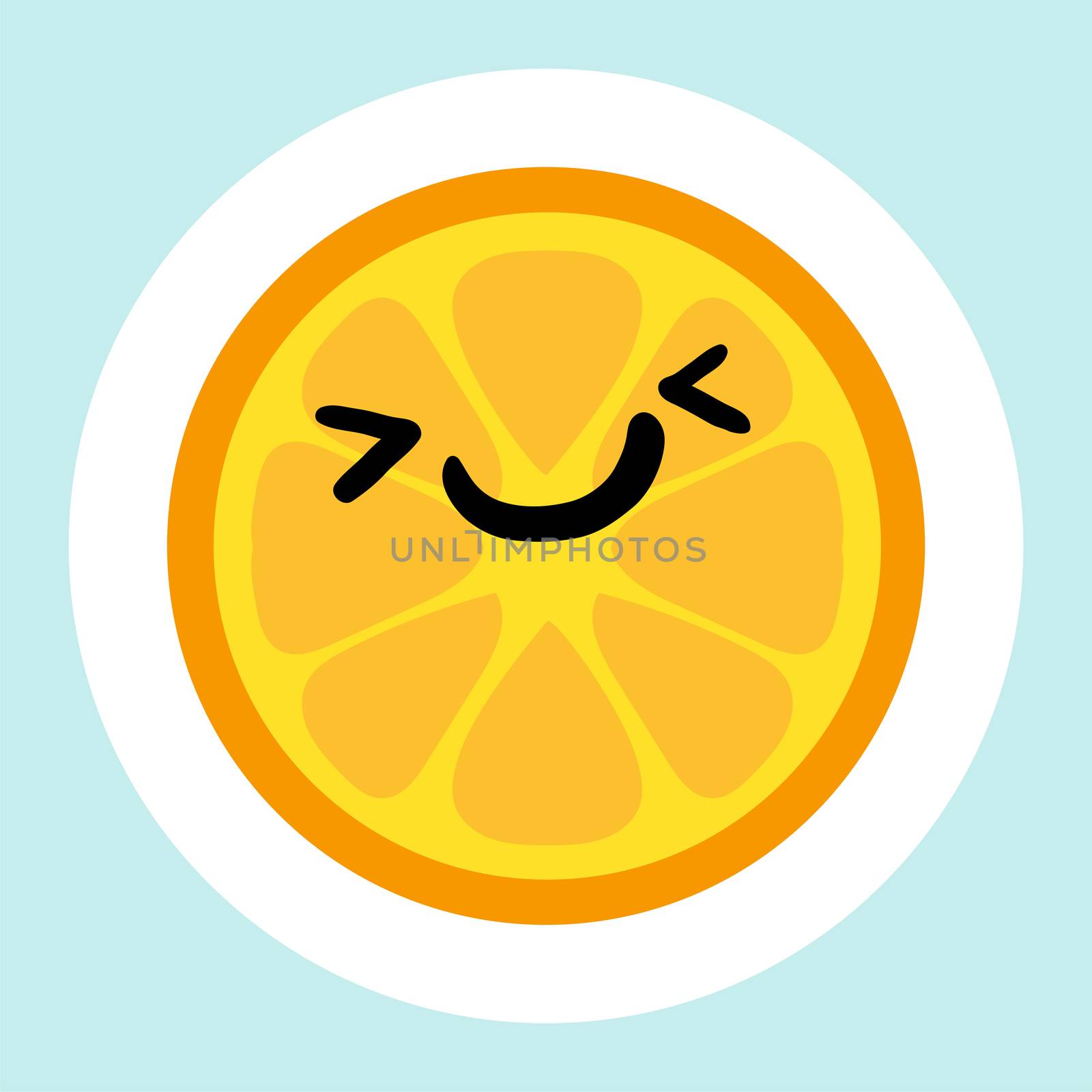 Sticker with orange. Cheerful smiling lemon. Symbol of summer. Dessert and sweet food sign. Fashionable patch. Vector