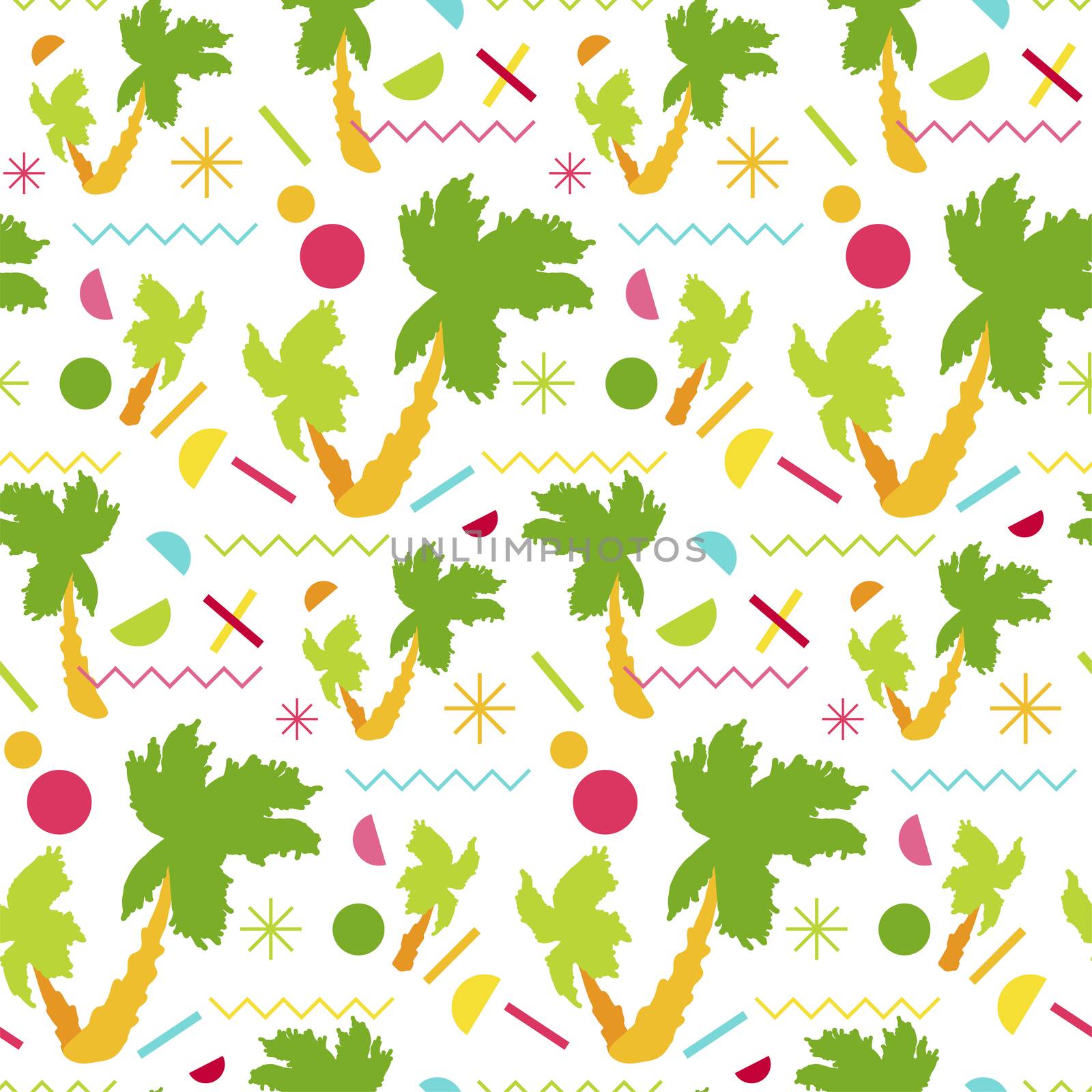 Fashion memphis stylish bright seamless pattern with palms. Vector
