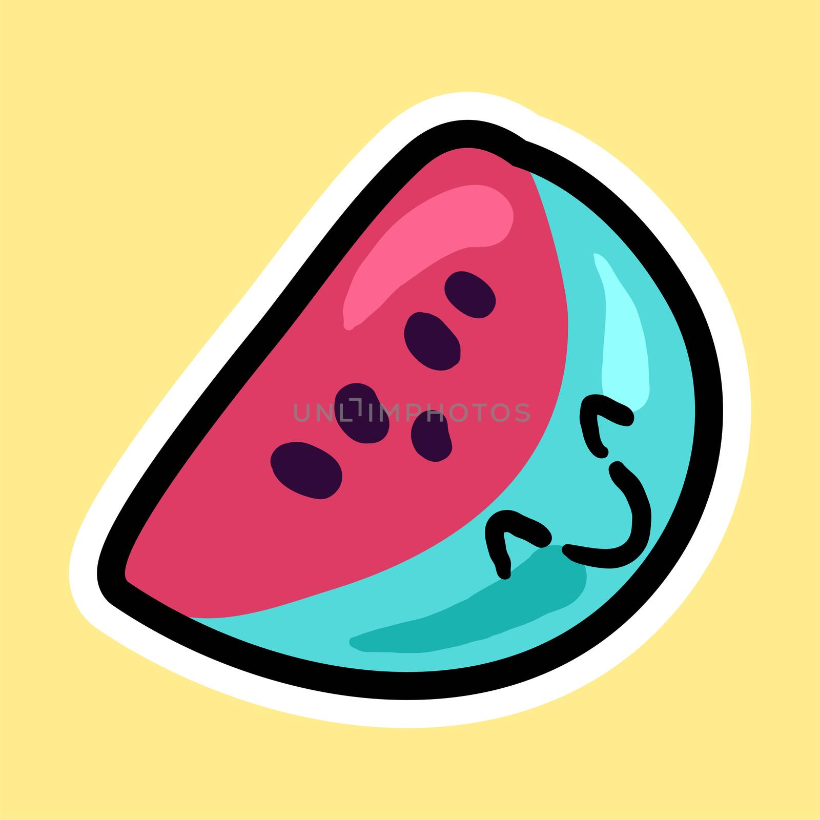 Watermelon cartoon sticker with smile. Sweet fruit label. Patch and print for t-shirt, fabric, clothes. Menu item. Juice and summer symbol. Vector